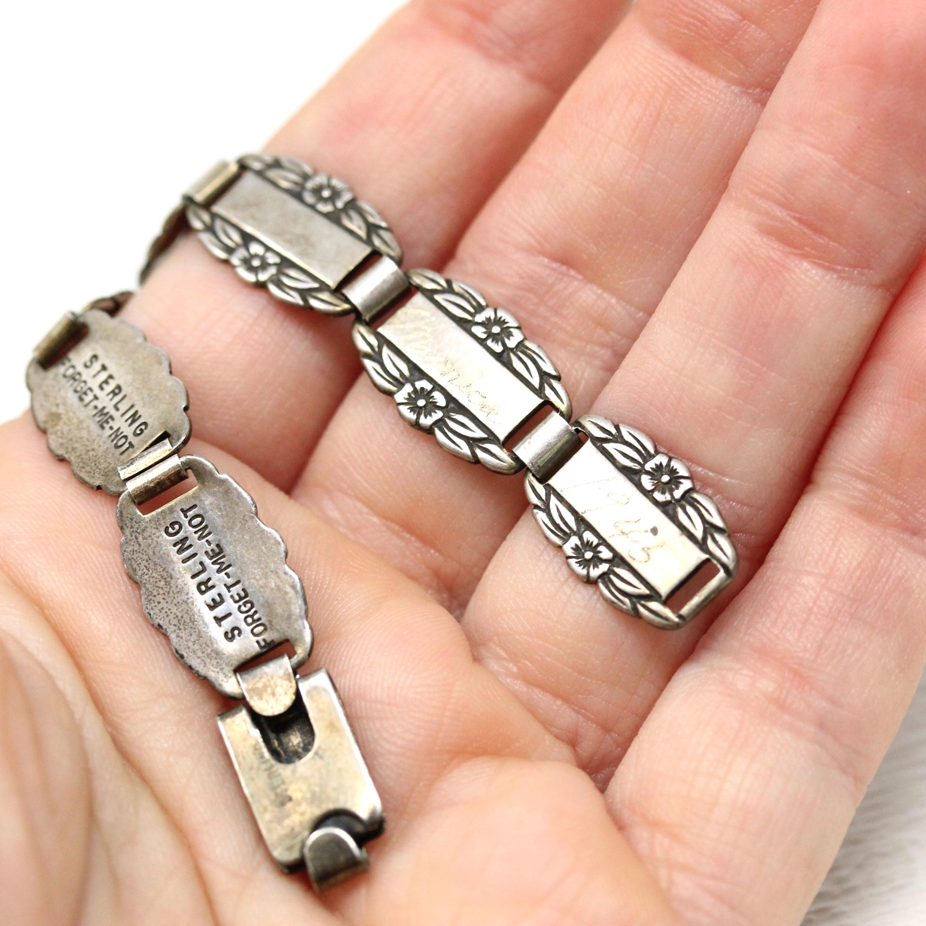 Forget Me Not Bracelet - Retro Sterling Silver Engraved Floral Panels 6 Inches - Vintage Dated 1945 Engraved Names Flower Family Jewelry