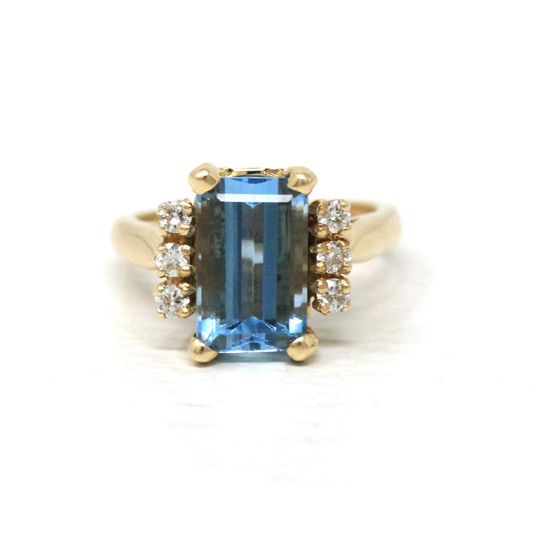 Created Aquamarine & Diamond Ring - Estate 14k Yellow Gold Emerald Cut Blue Stone - Modern 2000s Size 3 3/4 Diamonds Engagement Fine Jewelry