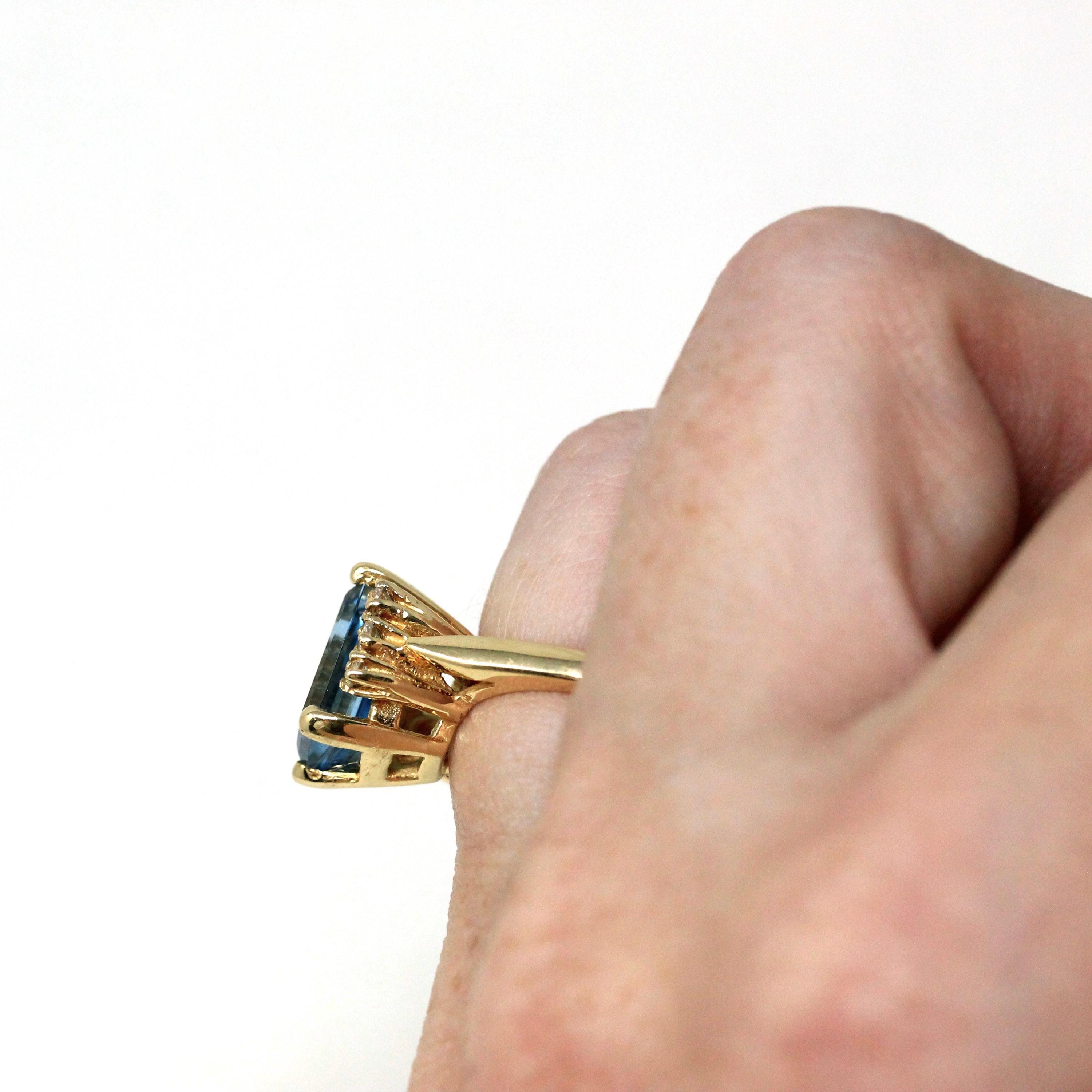 Created Aquamarine & Diamond Ring - Estate 14k Yellow Gold Emerald Cut Blue Stone - Modern 2000s Size 3 3/4 Diamonds Engagement Fine Jewelry
