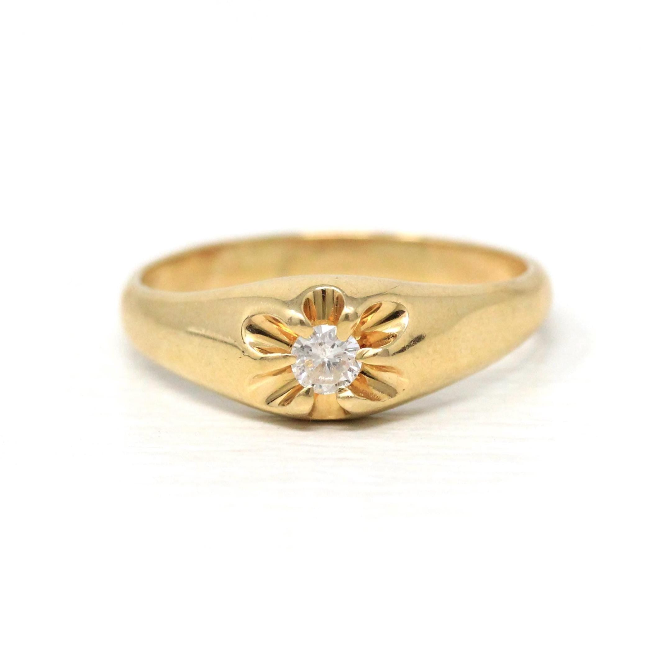Edwardian Diamond Ring - Antique 14k Yellow Gold Natural Round Brilliant Cut Gem - Vintage 1910s Size 11 1/4 Belcher Fine Engagement Jewelry