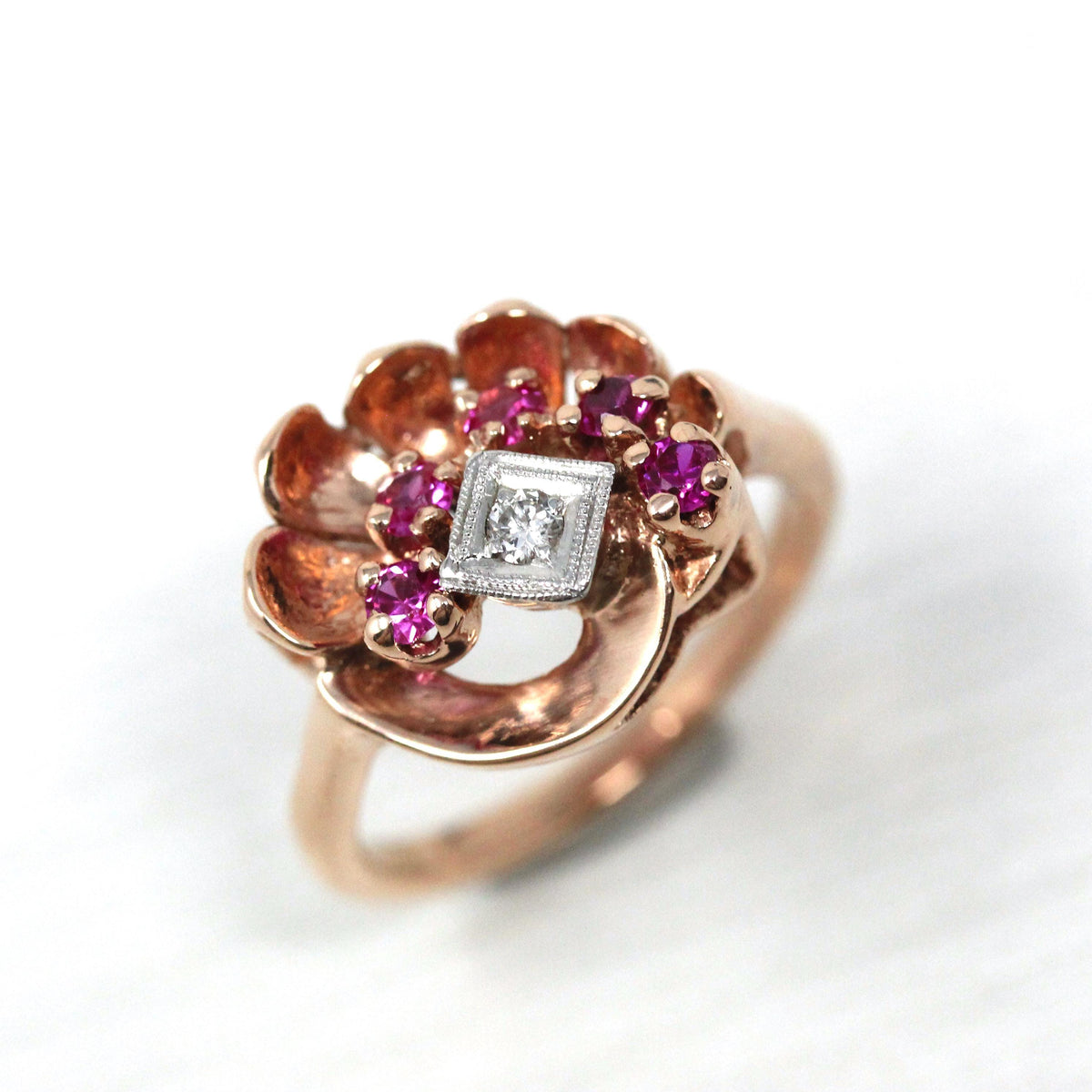 Retro Cocktail Ring - Vintage 14k Rose Gold Created Rubies Natural Diamond Gemstones - Circa 1940s Era Size 7 3/4 Fan Swirl Fine 40s Jewelry