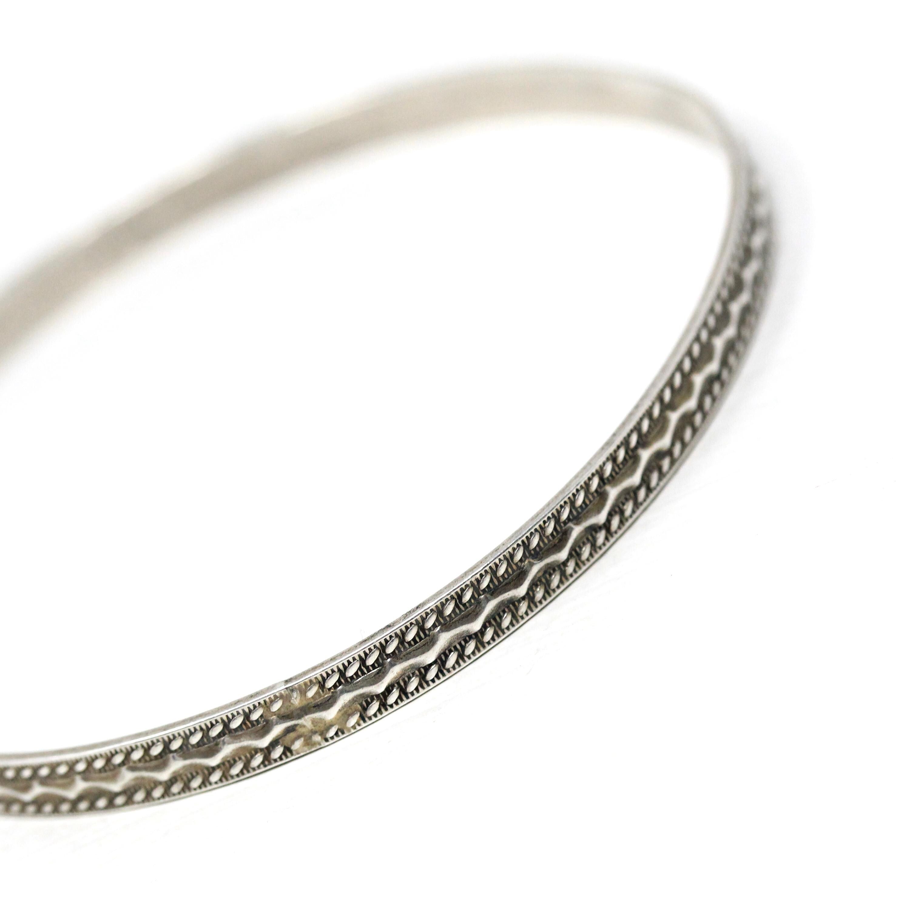 Vintage Sterling Silver Bracelet - Retro Engraved Eternity Designs Skinny Bangle - Circa 1960s Era Statement Stacking Accessory 60s Jewelry