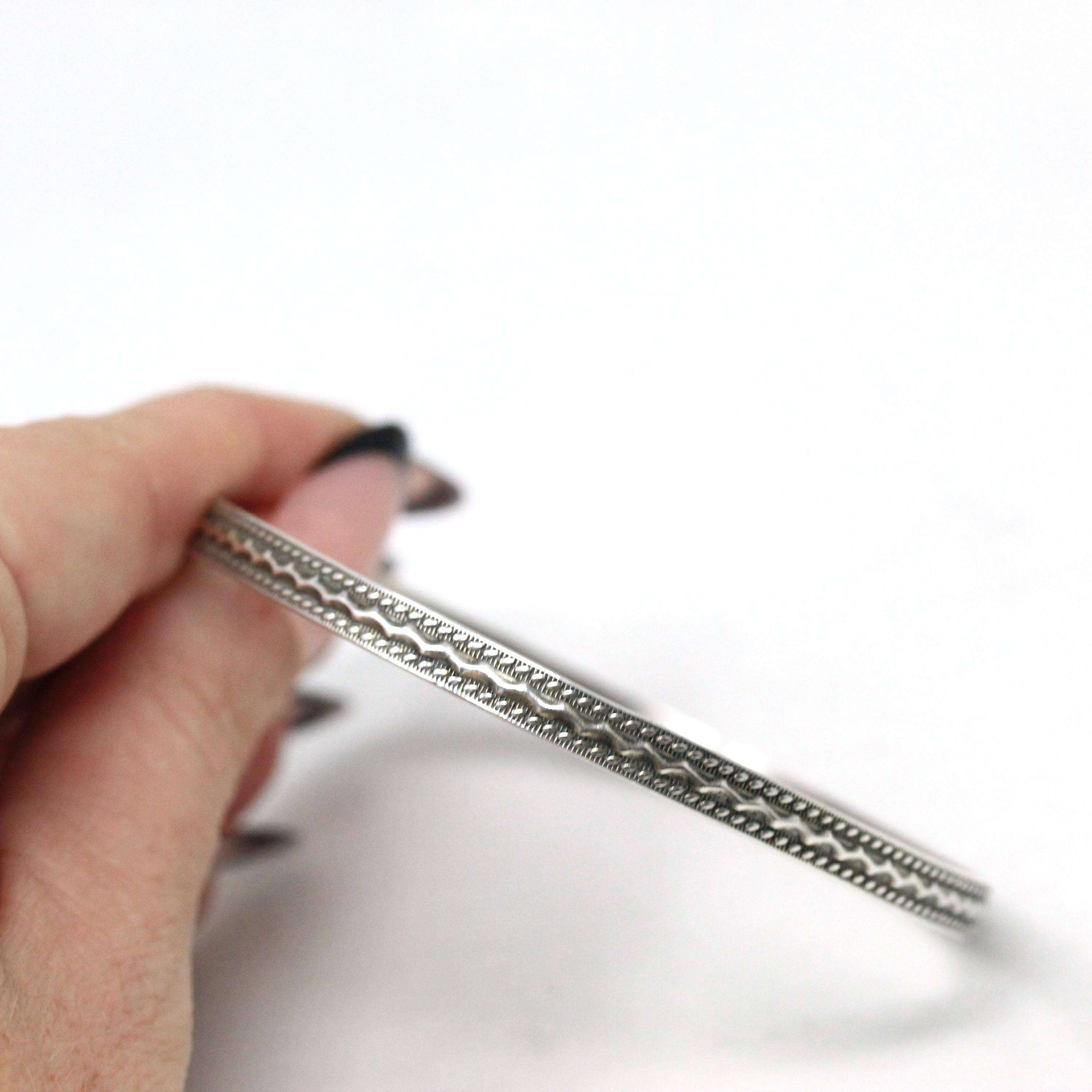 Vintage Sterling Silver Bracelet - Retro Engraved Eternity Designs Skinny Bangle - Circa 1960s Era Statement Stacking Accessory 60s Jewelry