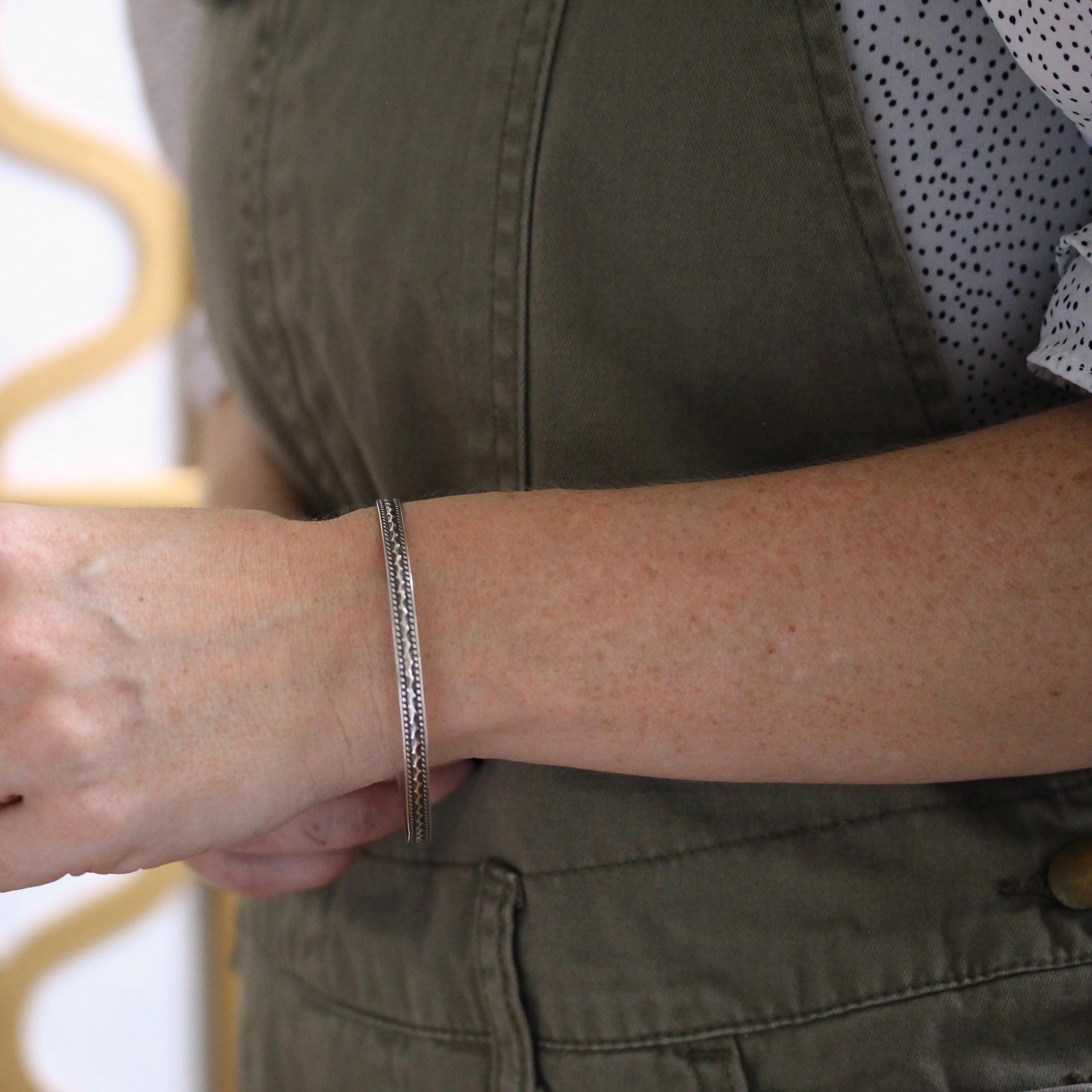 Vintage Sterling Silver Bracelet - Retro Engraved Eternity Designs Skinny Bangle - Circa 1960s Era Statement Stacking Accessory 60s Jewelry