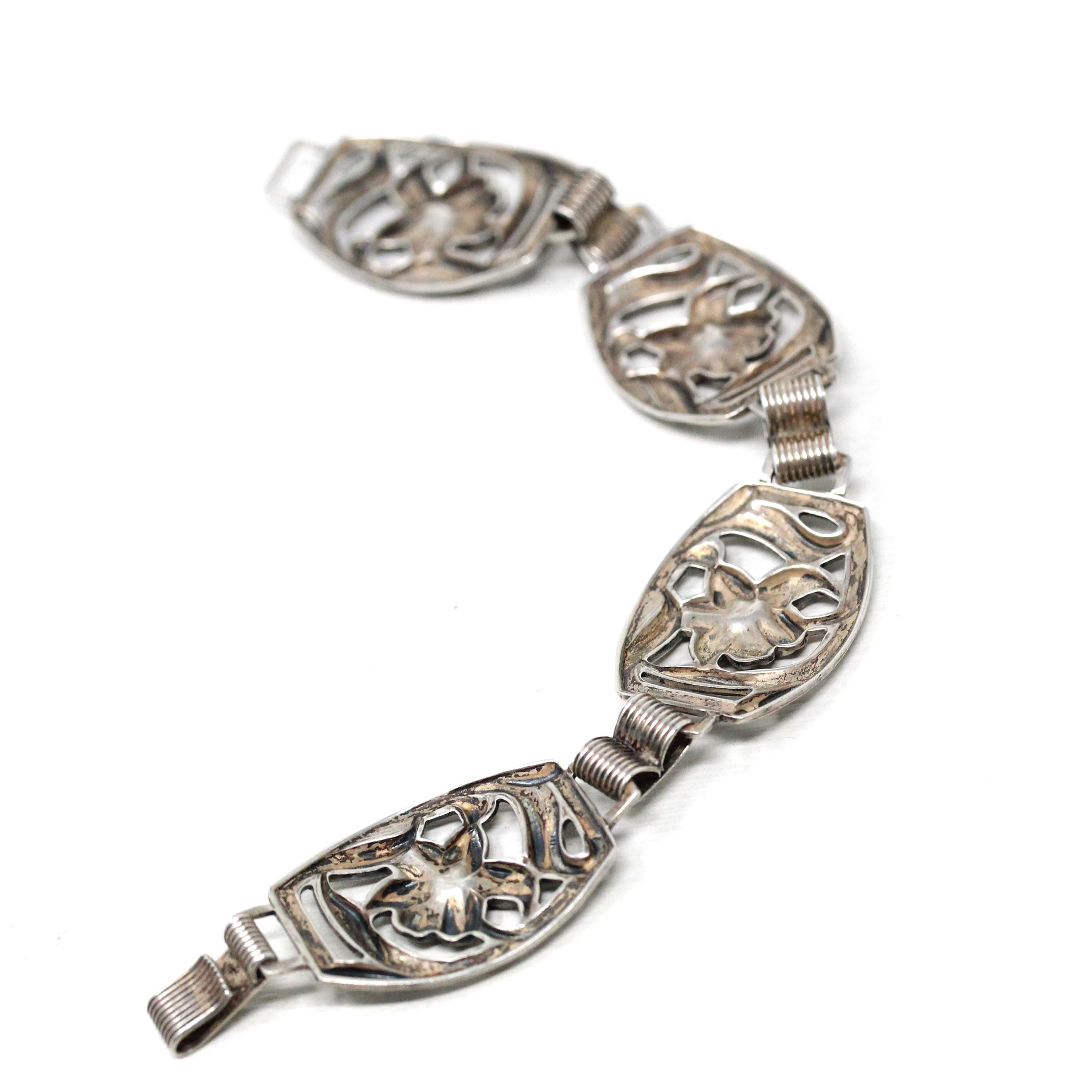 Vintage Flower Bracelet - Retro Sterling Silver Floral Nature Inspired Panel Clasp Statement - Circa 1960s Era Fashion Accessory 60s Jewelry