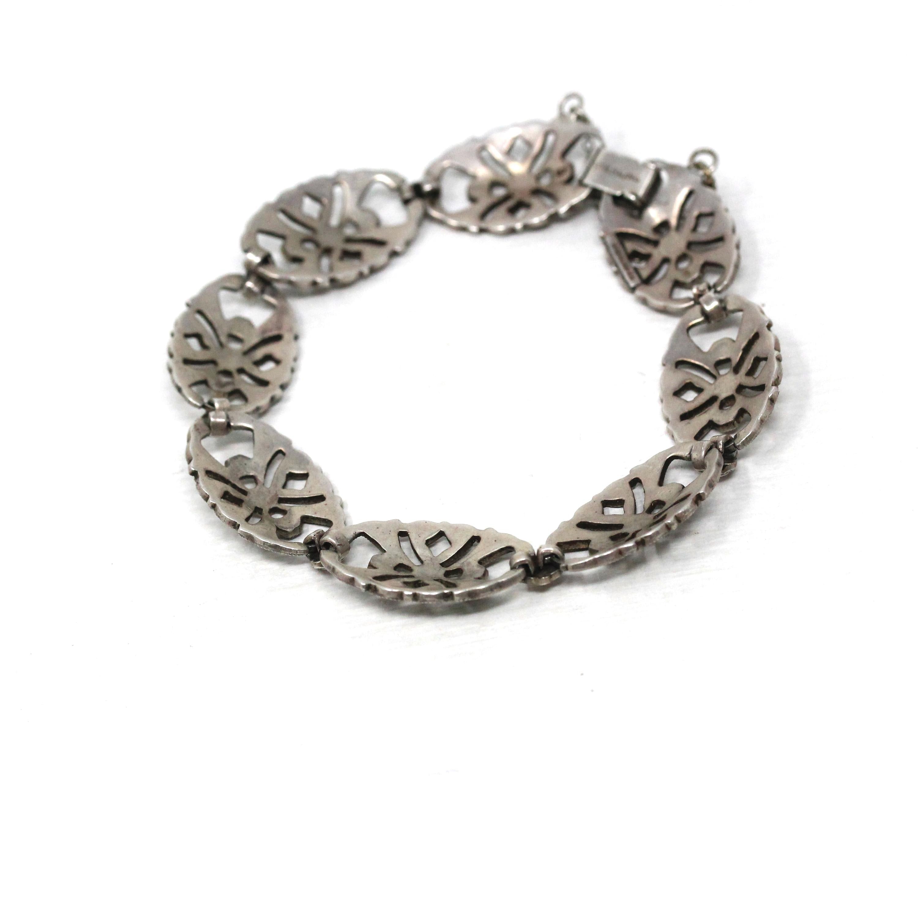 Art Deco Bracelet - Vintage Sterling Silver Open Metal Sparkling Marcasite Panels - Circa 1930s Era Filigree Fashion Accessory 30s Jewelry