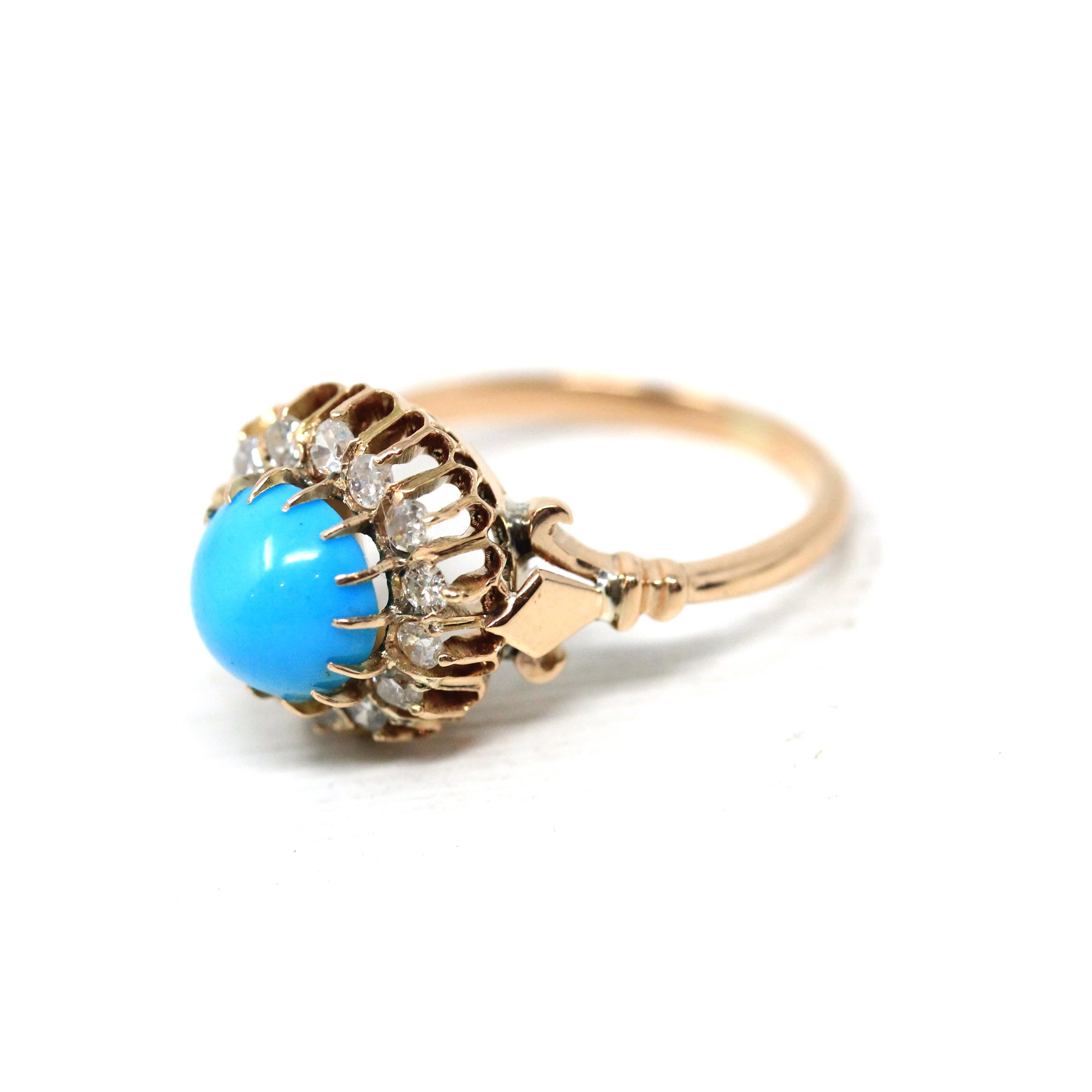 Victorian Turquoise Ring - Antique 18k Rose Gold Natural Diamond Halo - Size 4 1/4 Circa 1890s Fine December Birthstone Cluster Jewelry