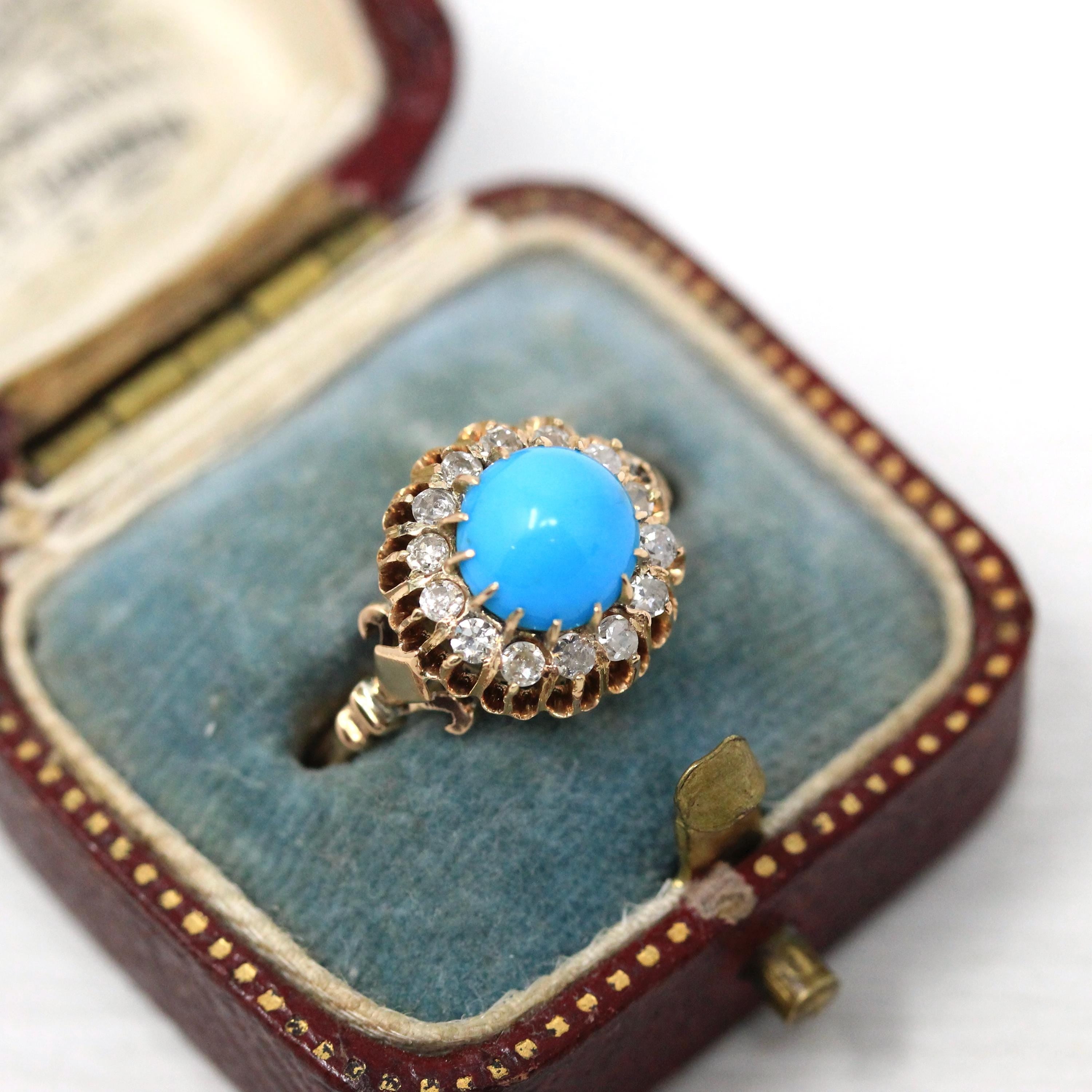 Victorian Turquoise Ring - Antique 18k Rose Gold Natural Diamond Halo - Size 4 1/4 Circa 1890s Fine December Birthstone Cluster Jewelry