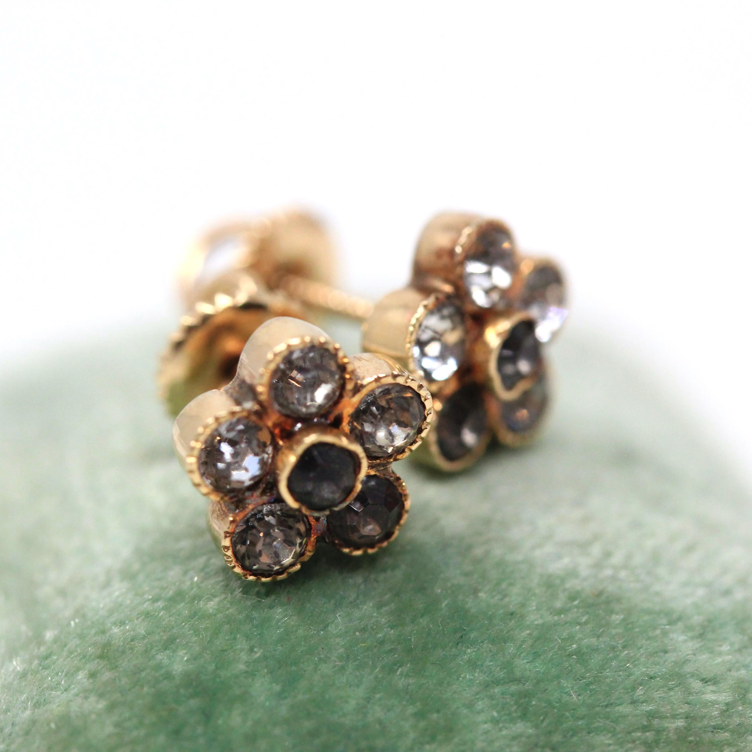 Antique Paste Earrings - Edwardian 14k Yellow Gold Buttercup Flower Pierced Posts Studs - Vintage 1910s White Gray Stone Bridal Fine Jewelry