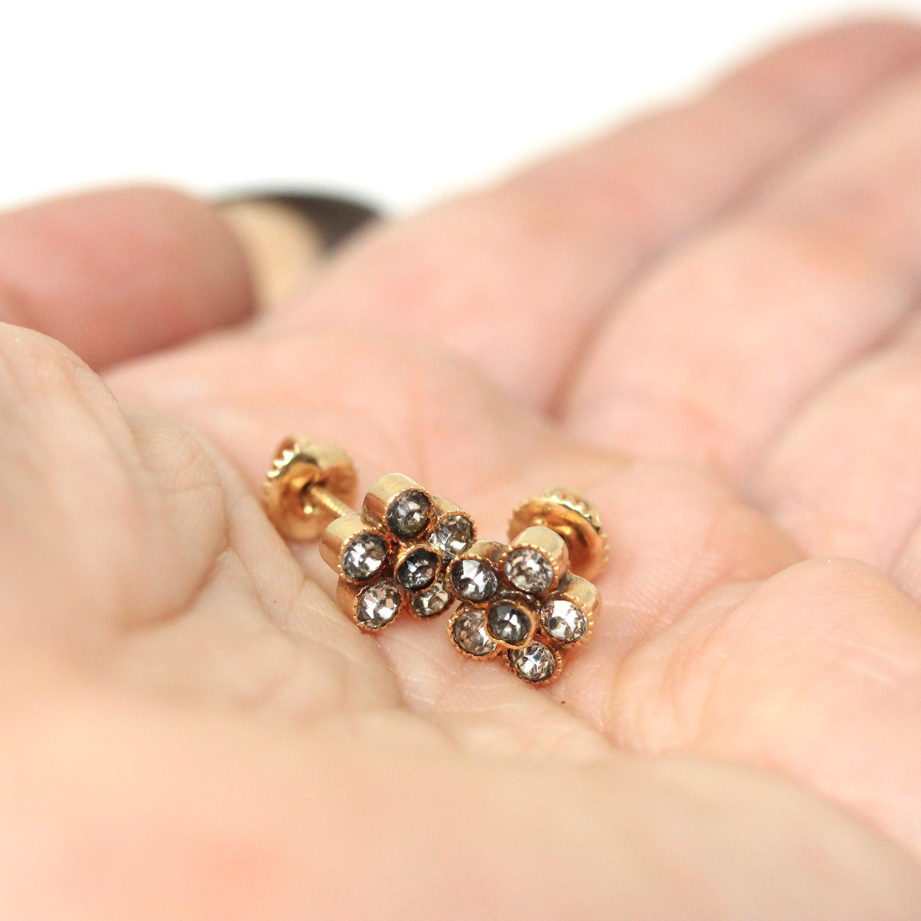 Antique Paste Earrings - Edwardian 14k Yellow Gold Buttercup Flower Pierced Posts Studs - Vintage 1910s White Gray Stone Bridal Fine Jewelry