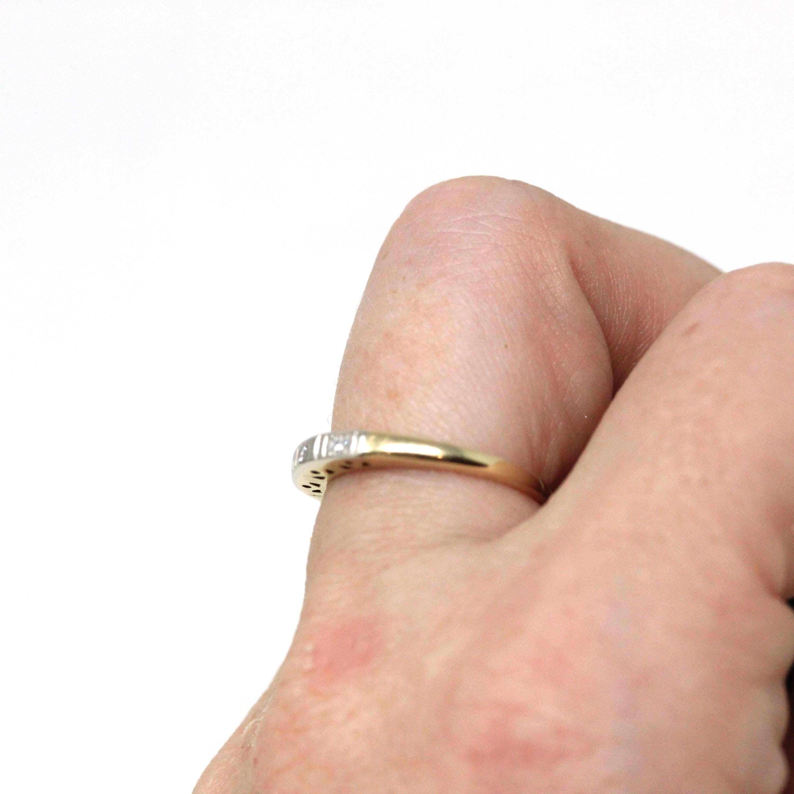 Vintage Wedding Band - Retro Era 14k Yellow & White Gold Natural .03 CTW Diamonds - Circa 1940s Size 5 1/4 Fine Two Tone Bridal Band Jewelry