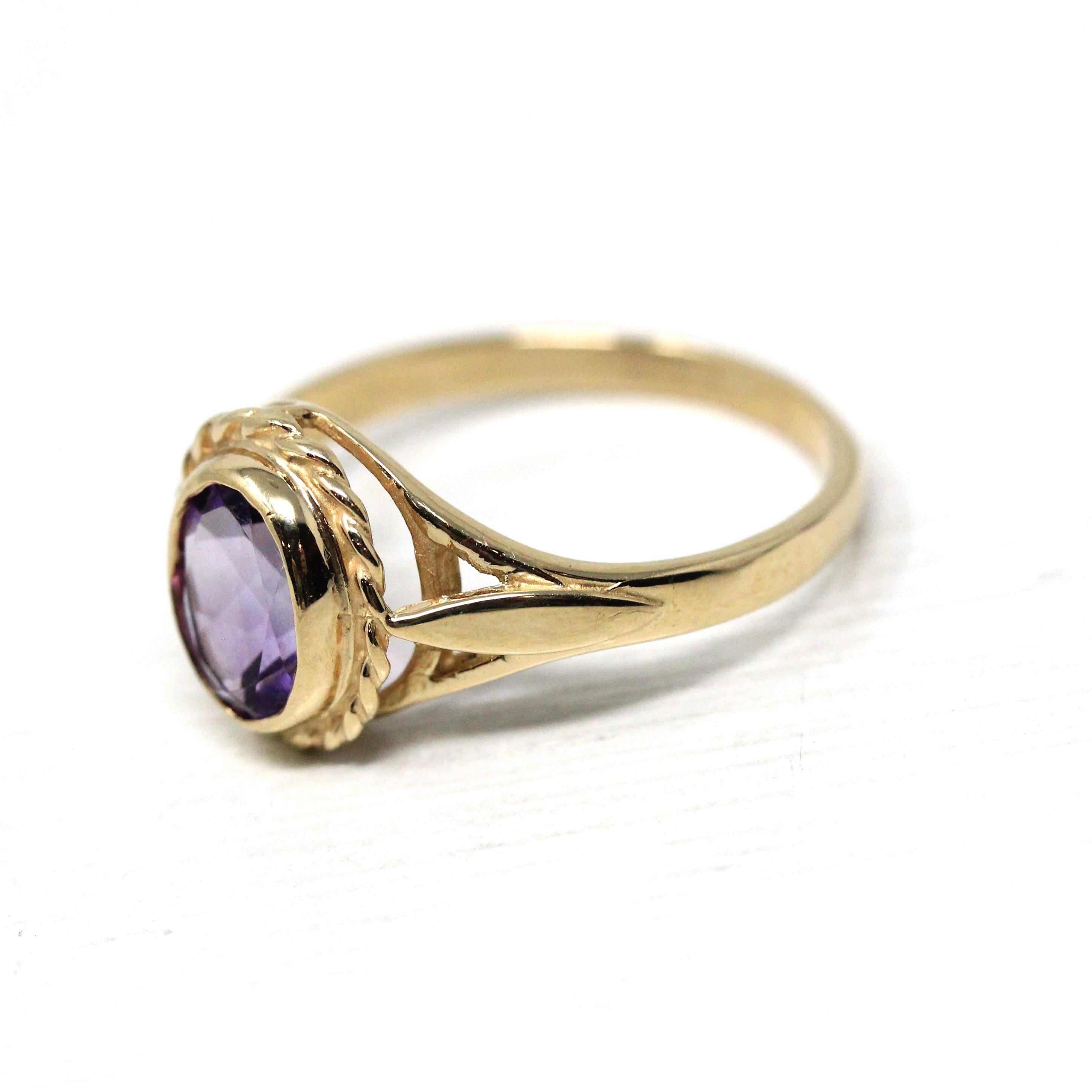 Estate Amethyst Ring - Modern Era 9k Yellow Gold English Oval Purple Natural Gem - Circa 2000s Size 6 1/2 Fine February Birthstone Jewelry