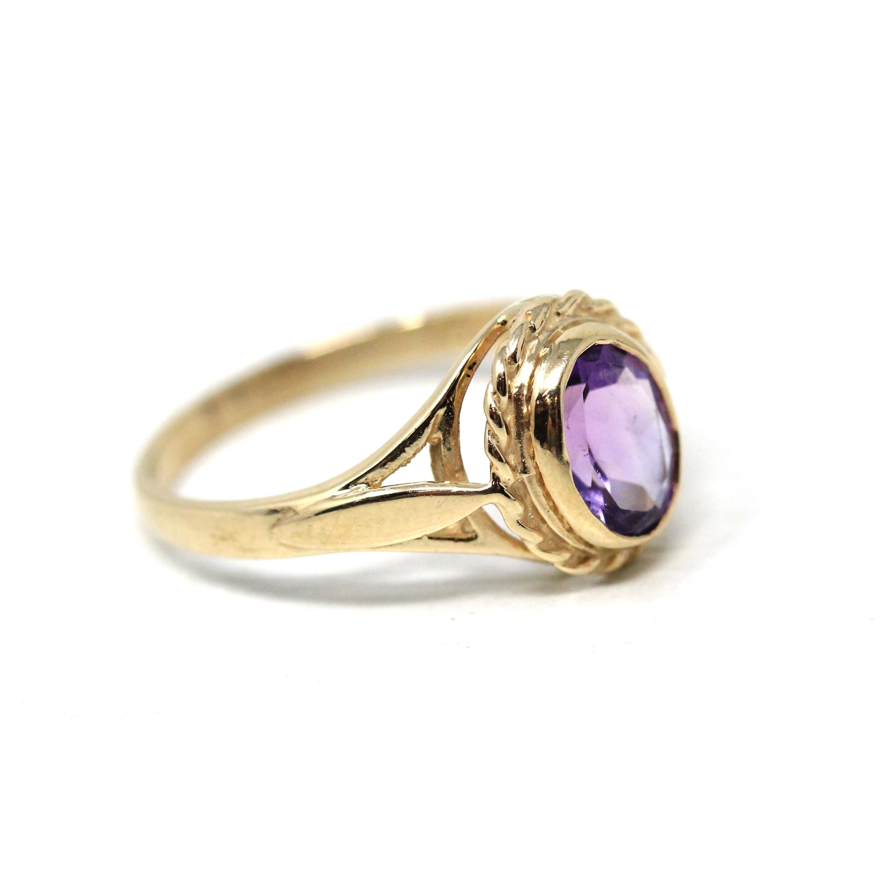 Estate Amethyst Ring - Modern Era 9k Yellow Gold English Oval Purple Natural Gem - Circa 2000s Size 6 1/2 Fine February Birthstone Jewelry