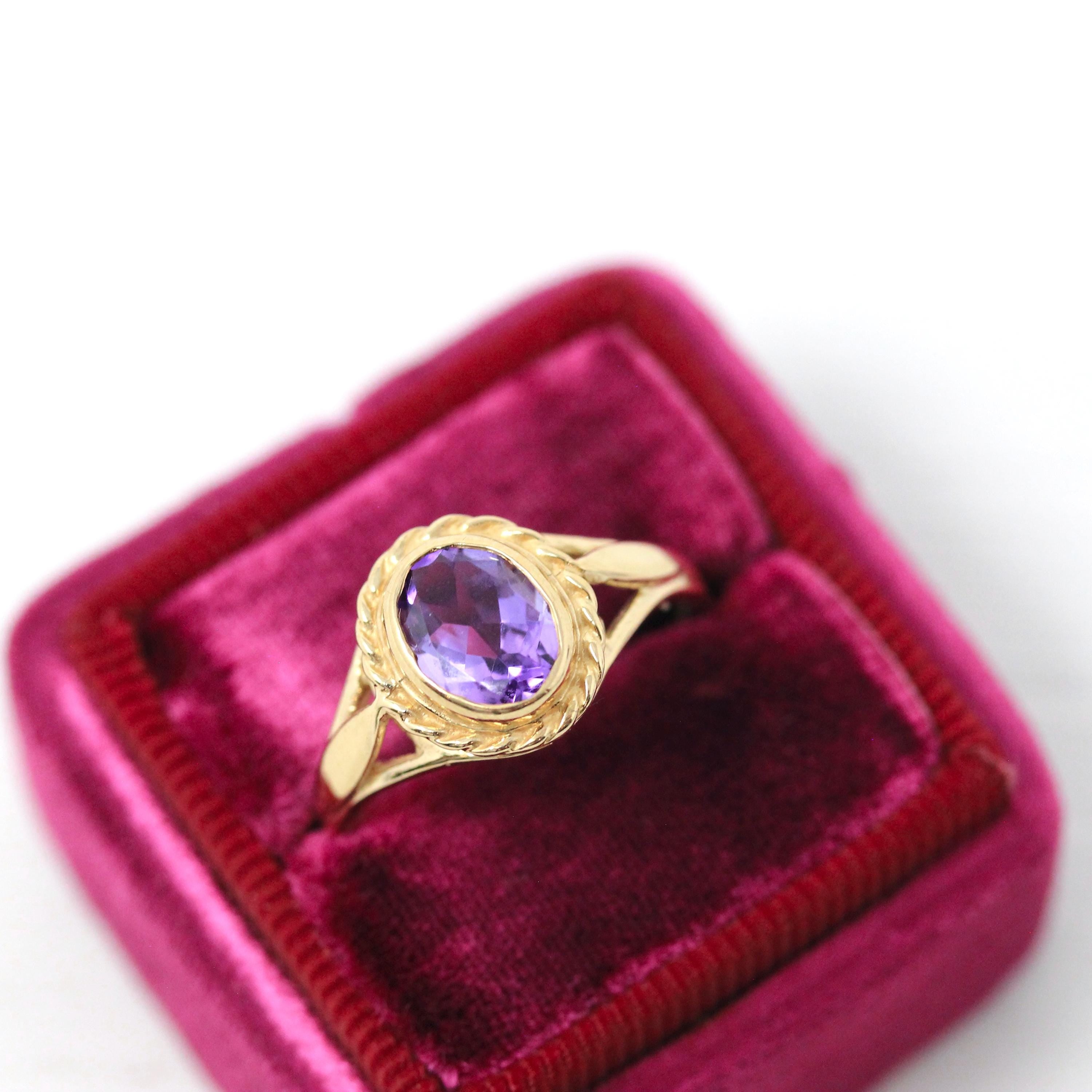 Estate Amethyst Ring - Modern Era 9k Yellow Gold English Oval Purple Natural Gem - Circa 2000s Size 6 1/2 Fine February Birthstone Jewelry