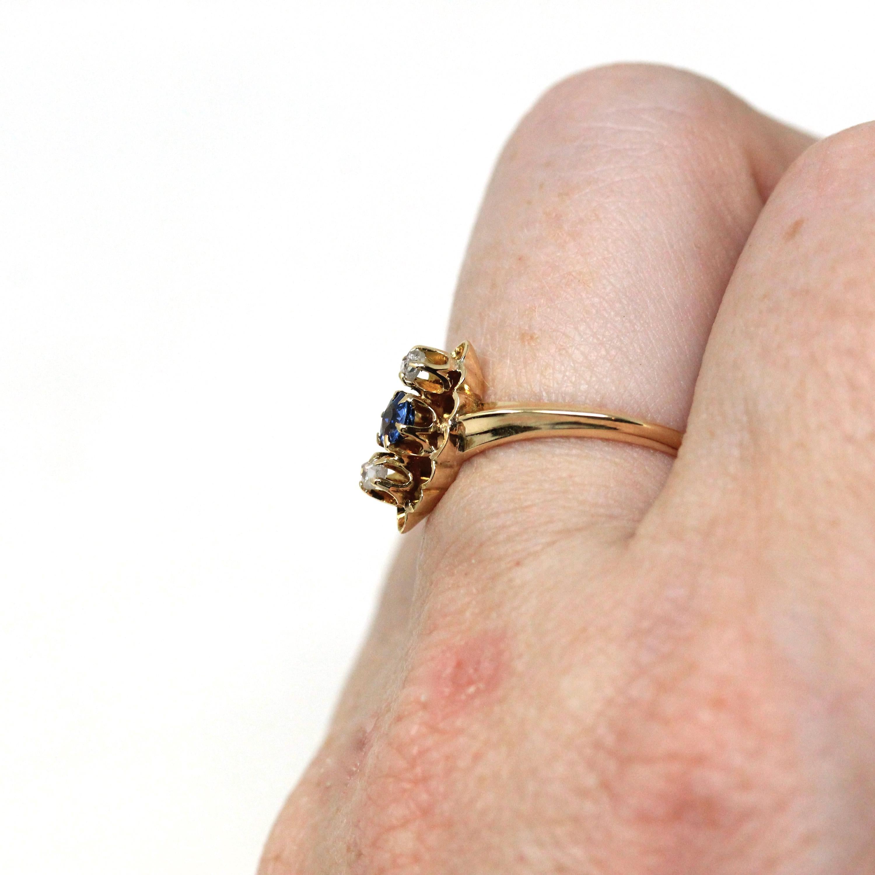 Antique Bypass Ring - Edwardian Era 14k Yellow Gold Natural Rose Cut Diamonds and Blue Sapphire Gemstones - Size 6 Circa 1910s Fine Jewelry