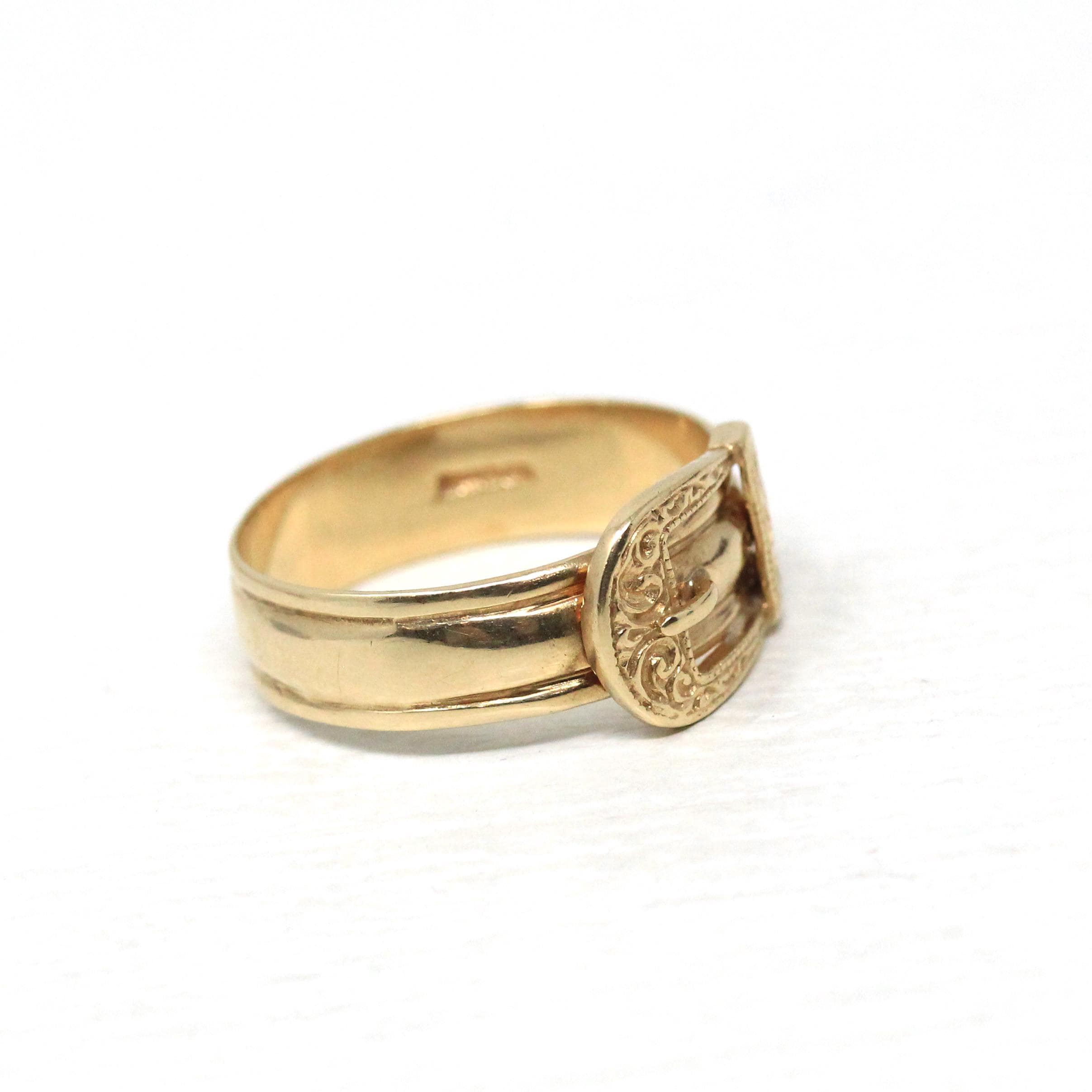 English Buckle Ring - Estate 9k Yellow Gold Birmingham England Figural Belt Band - Vintage Hallmarked Victorian Style Size 10 Fine Jewelry