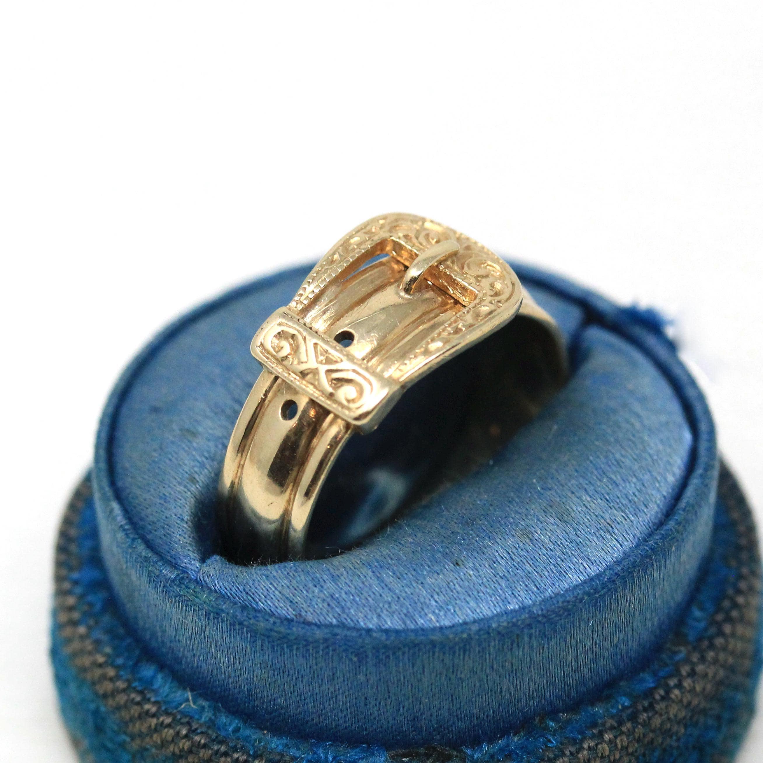 English Buckle Ring - Estate 9k Yellow Gold Birmingham England Figural Belt Band - Vintage Hallmarked Victorian Style Size 10 Fine Jewelry