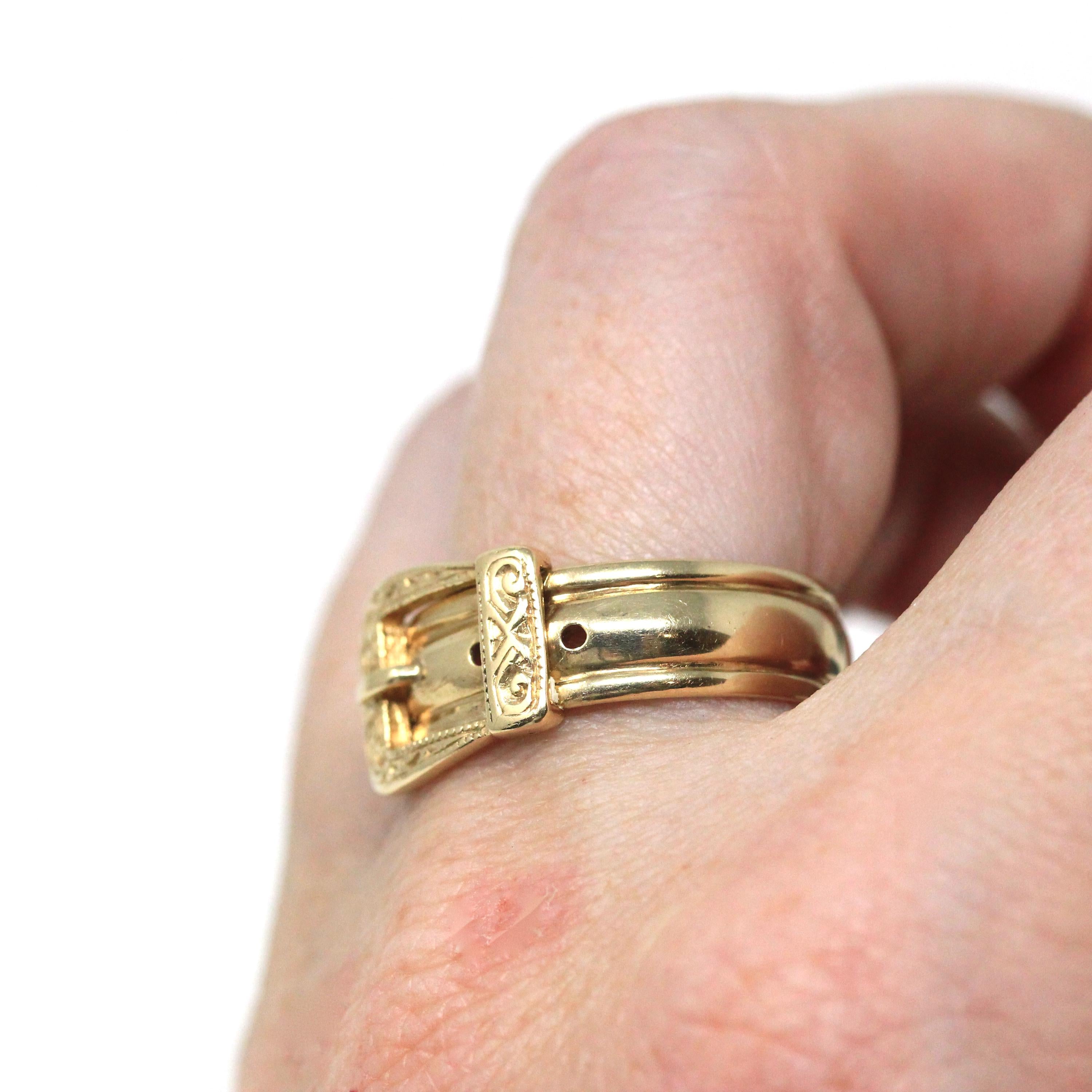 English Buckle Ring - Estate 9k Yellow Gold Birmingham England Figural Belt Band - Vintage Hallmarked Victorian Style Size 10 Fine Jewelry