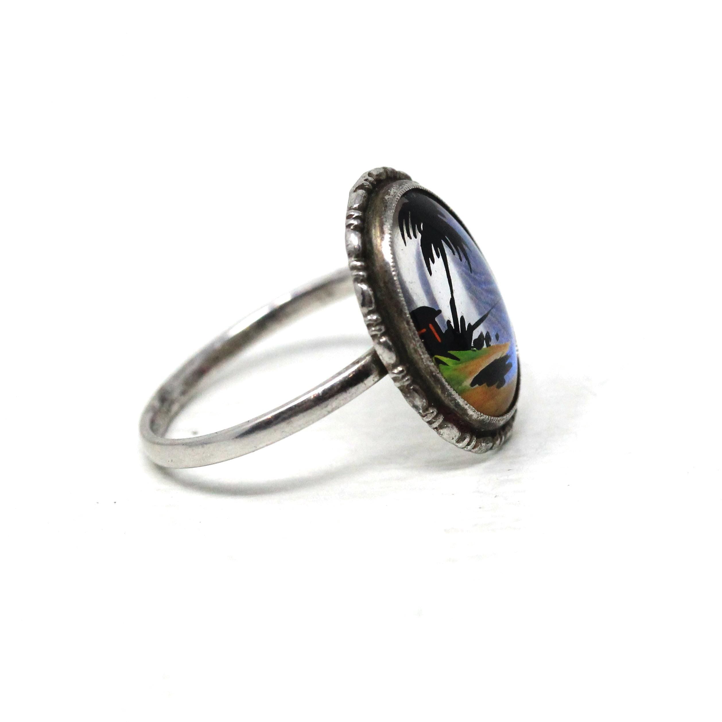 Morpho Butterfly Wing Ring - Vintage English Sterling Silver Blue Wing - Size 9 1/2 Retro Era 1940s Tropical Souvenir London England Jewelry