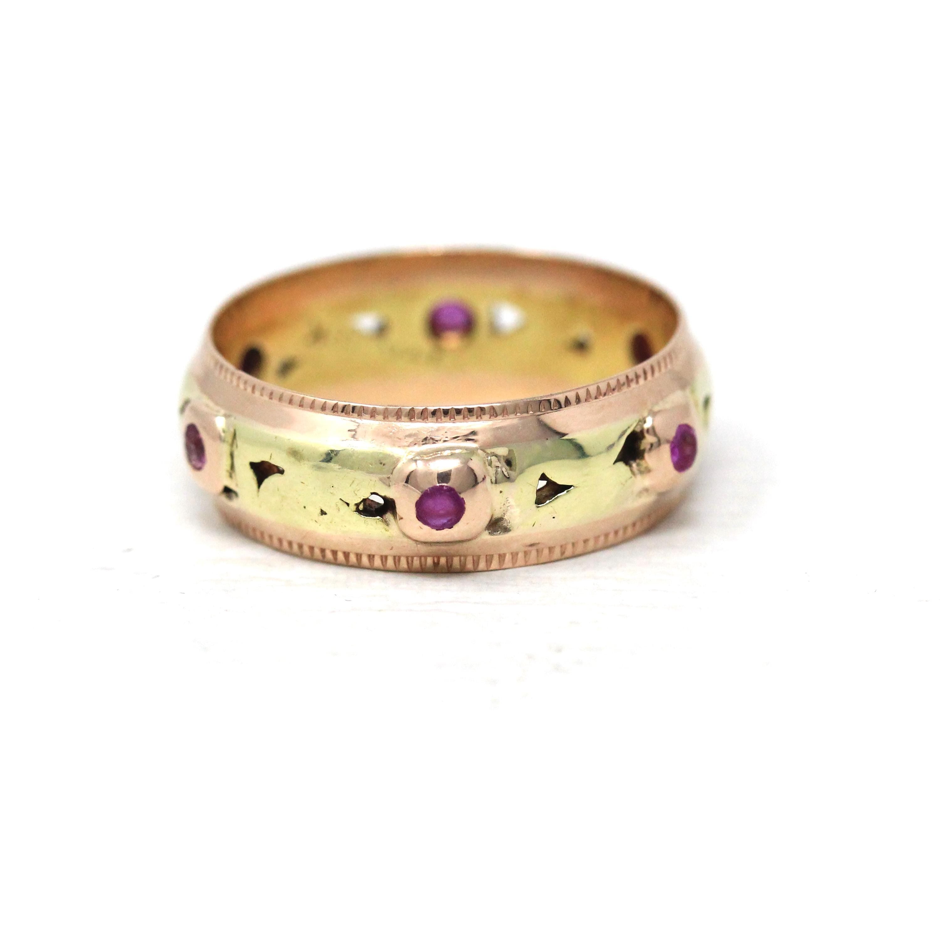 Retro Created Ruby Band - Vintage Yellow & Rose Gold Round Natural Red Corundum Ring - Circa 1960s Cigar Bezel Gem Stacking Fine Jewelry