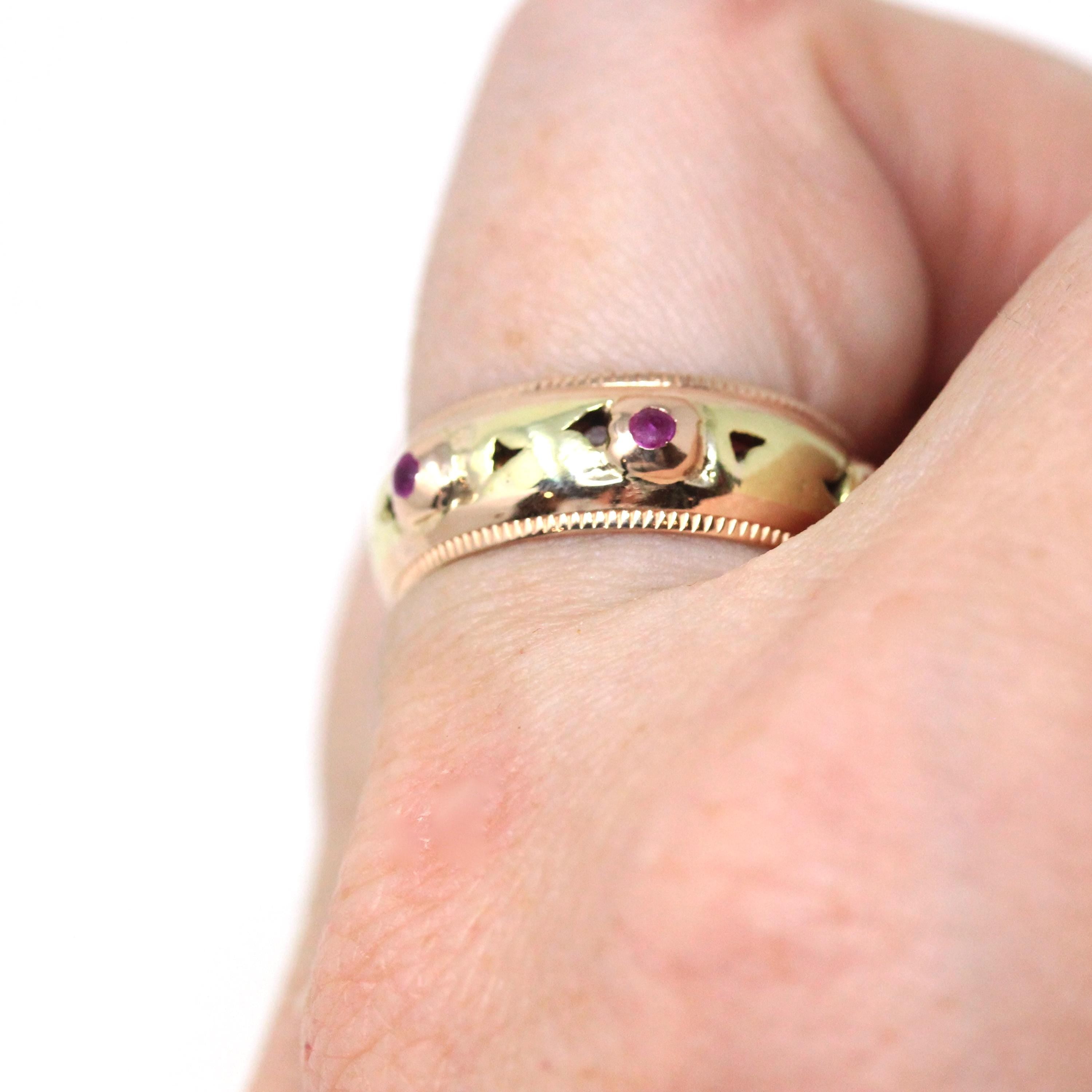 Retro Created Ruby Band - Vintage Yellow & Rose Gold Round Natural Red Corundum Ring - Circa 1960s Cigar Bezel Gem Stacking Fine Jewelry