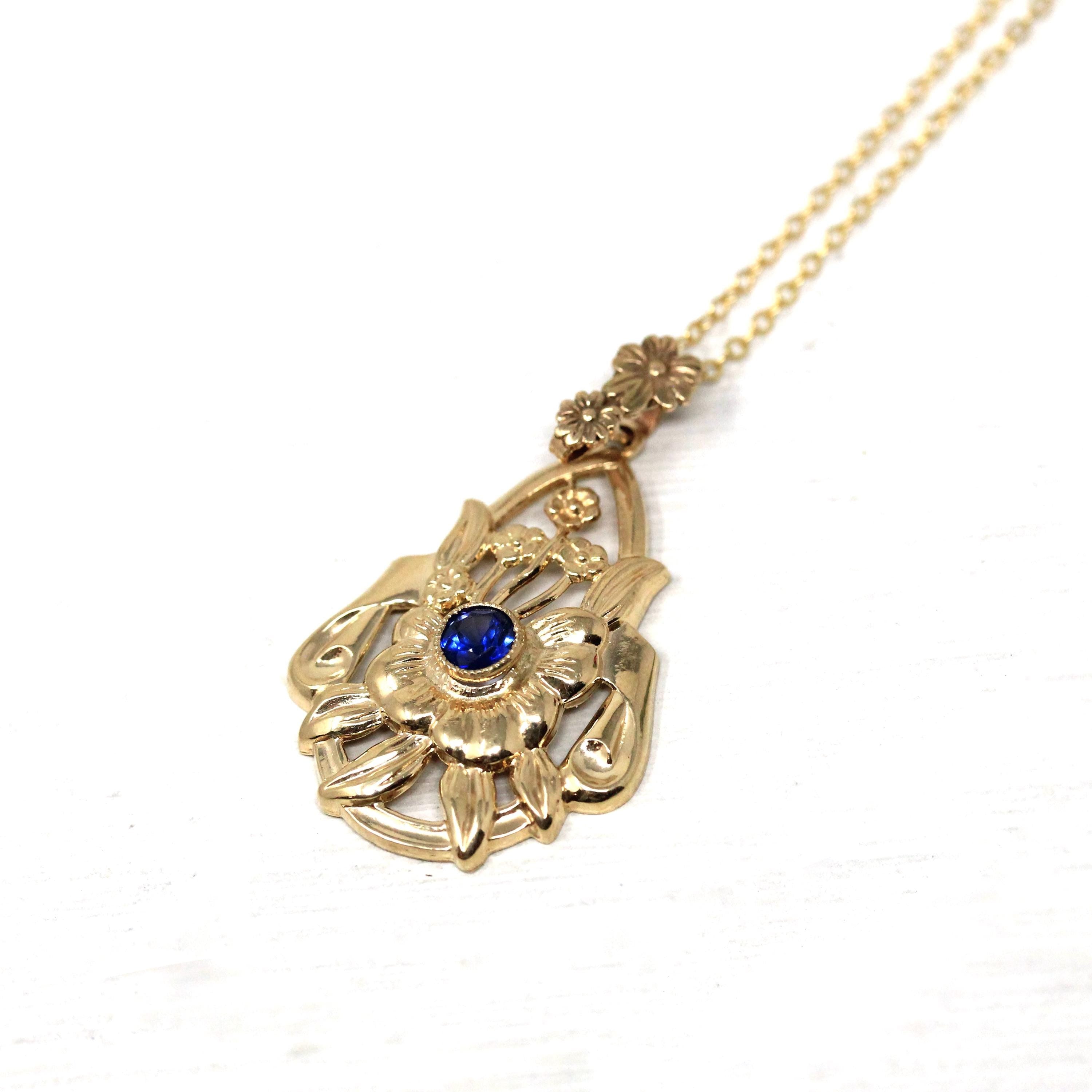 Created Sapphire Pendant - Retro 10k Yellow Gold Round Blue Gem Lavalier Necklace - Circa 1940s Fine September Birthstone Flower Jewelry