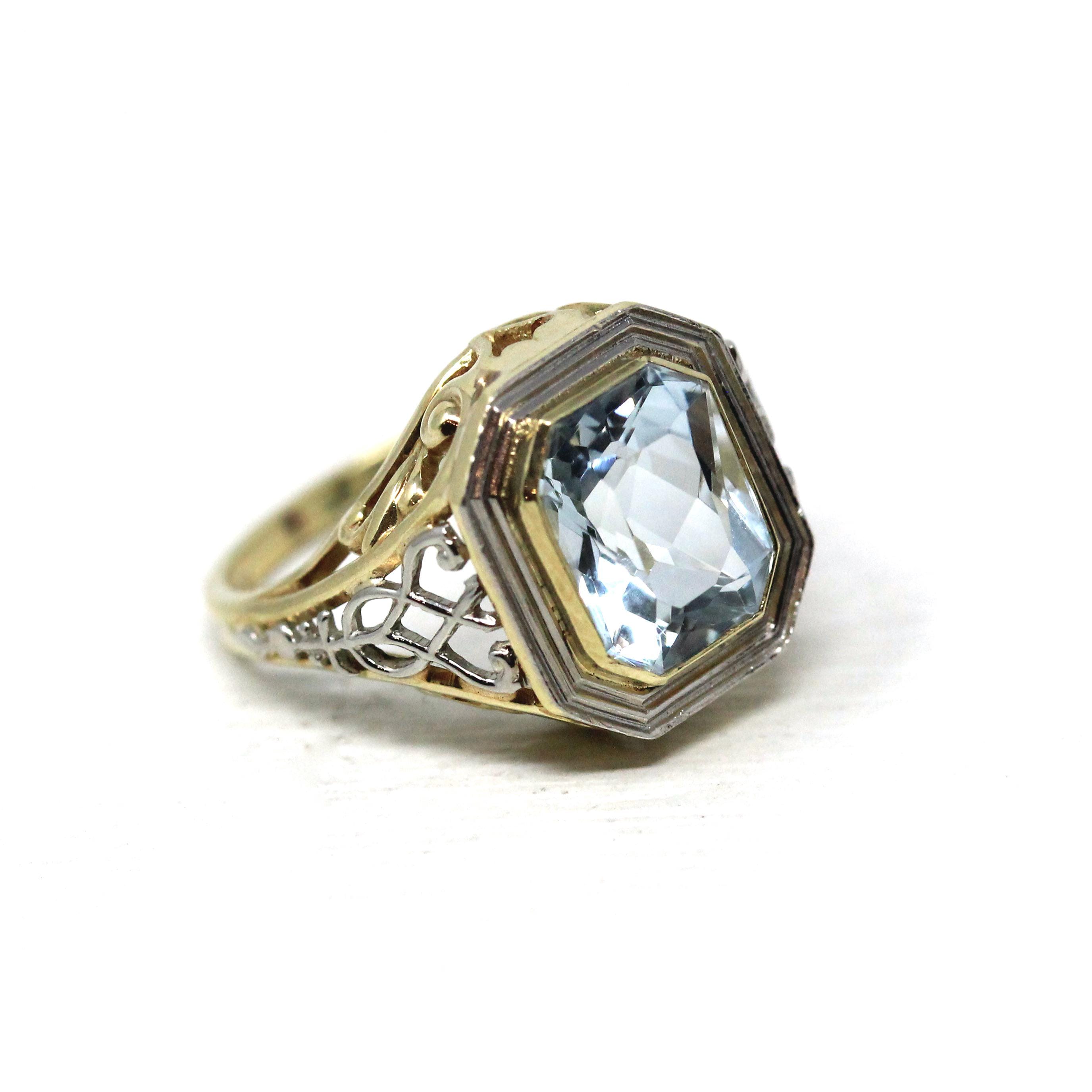 Antique Aquamarine Ring - Art Deco Era 14k Yellow & White Gold Emerald Cut 2.65 CT Blue Gem - Circa 1920s Size 4 Filigree Fine March Jewelry