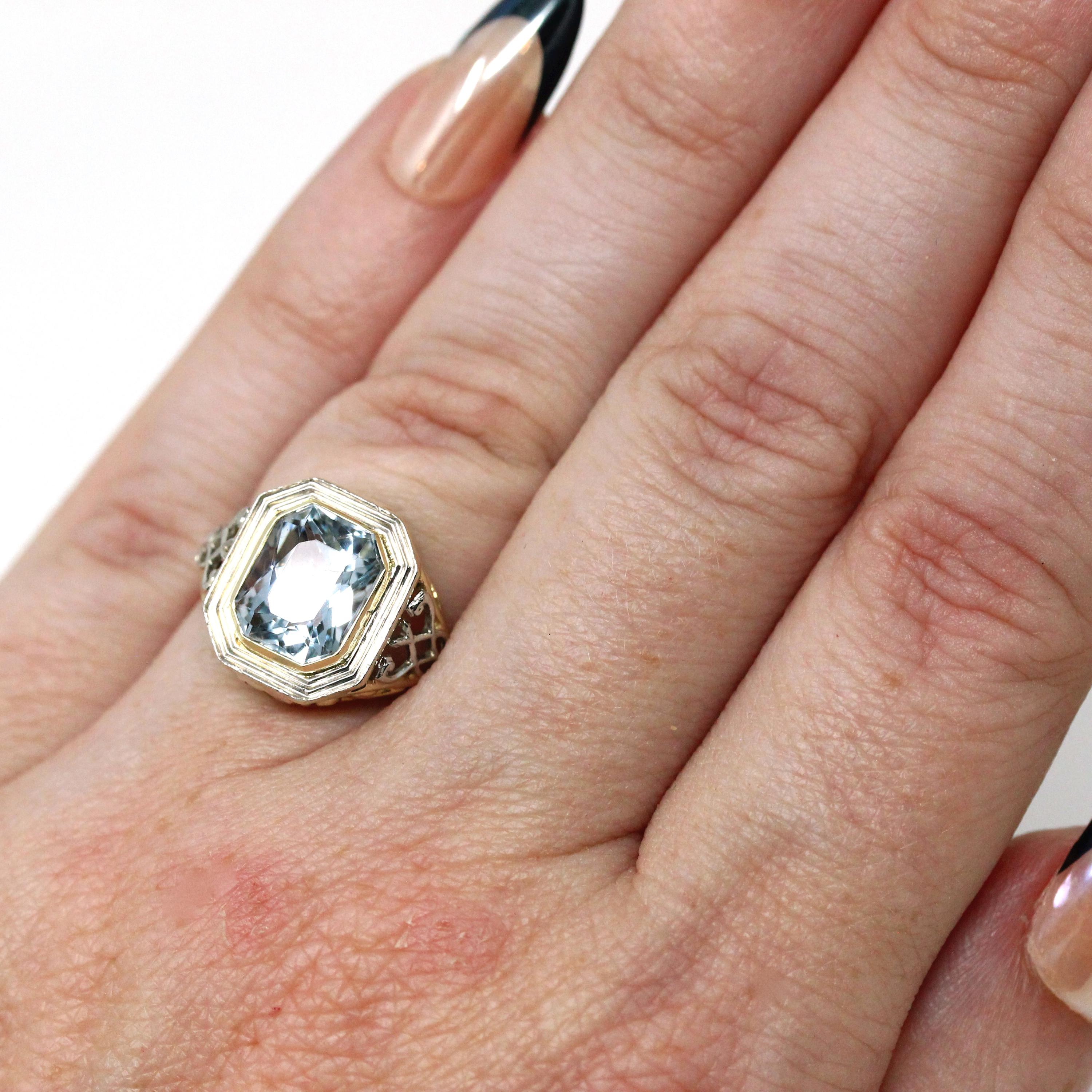 Antique Aquamarine Ring - Art Deco Era 14k Yellow & White Gold Emerald Cut 2.65 CT Blue Gem - Circa 1920s Size 4 Filigree Fine March Jewelry