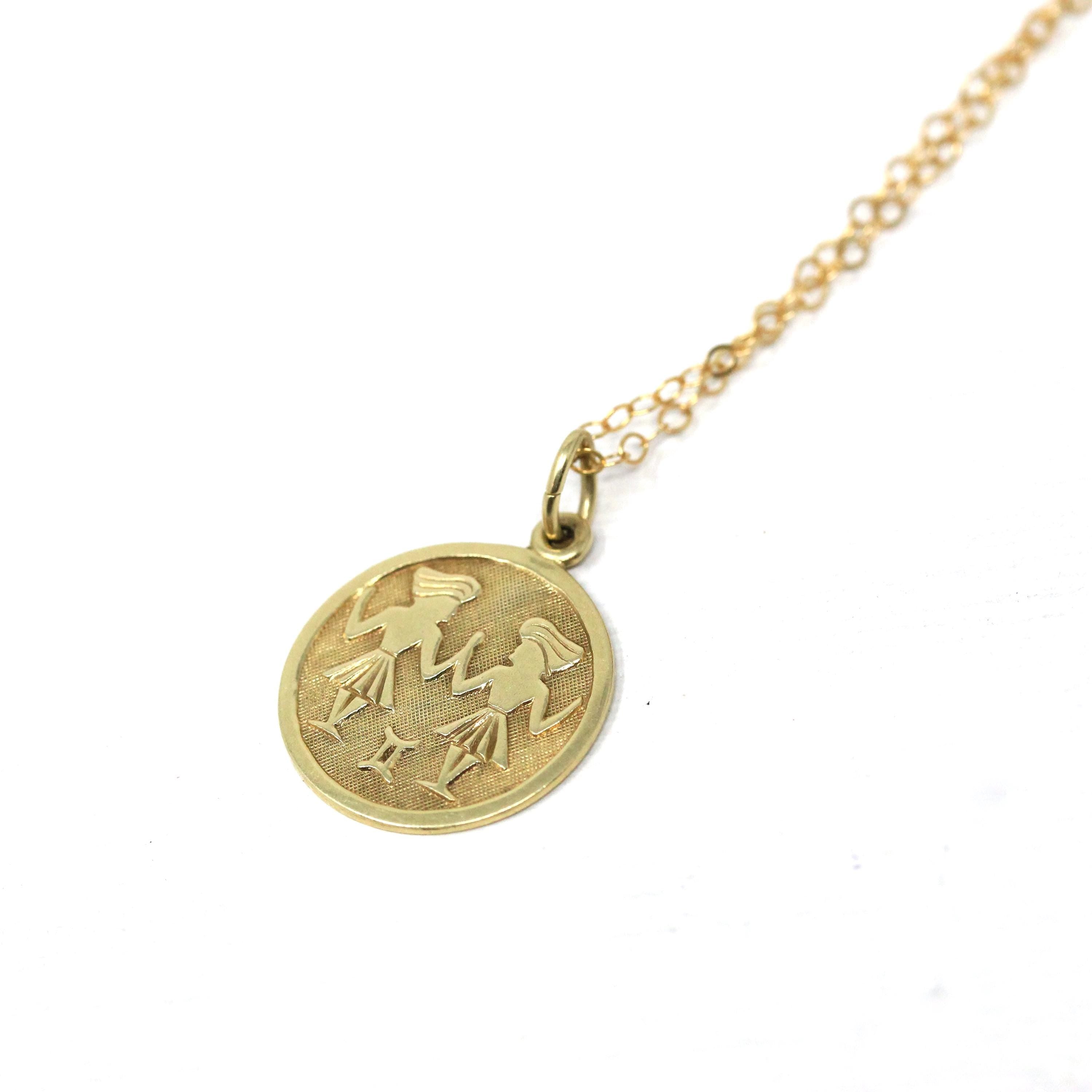 Estate Gemini Charm - Modern 14k Yellow Gold The Twins Air Element Pendant Necklace - Circa 1990s Era Dainty Petite Zodiac Fine 90s Jewelry