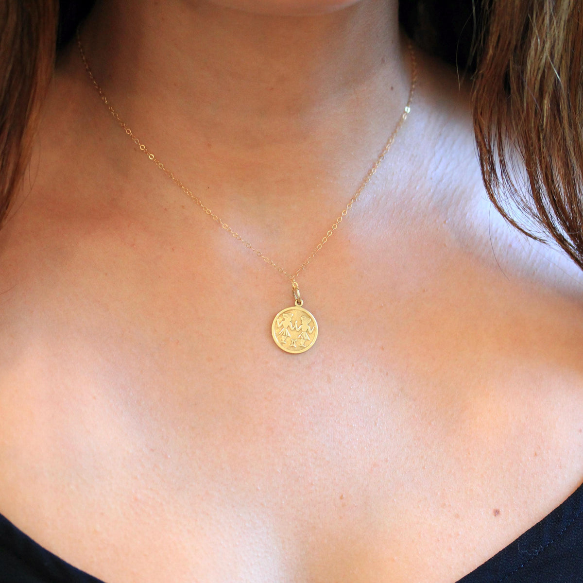 Estate Gemini Charm - Modern 14k Yellow Gold The Twins Air Element Pendant Necklace - Circa 1990s Era Dainty Petite Zodiac Fine 90s Jewelry