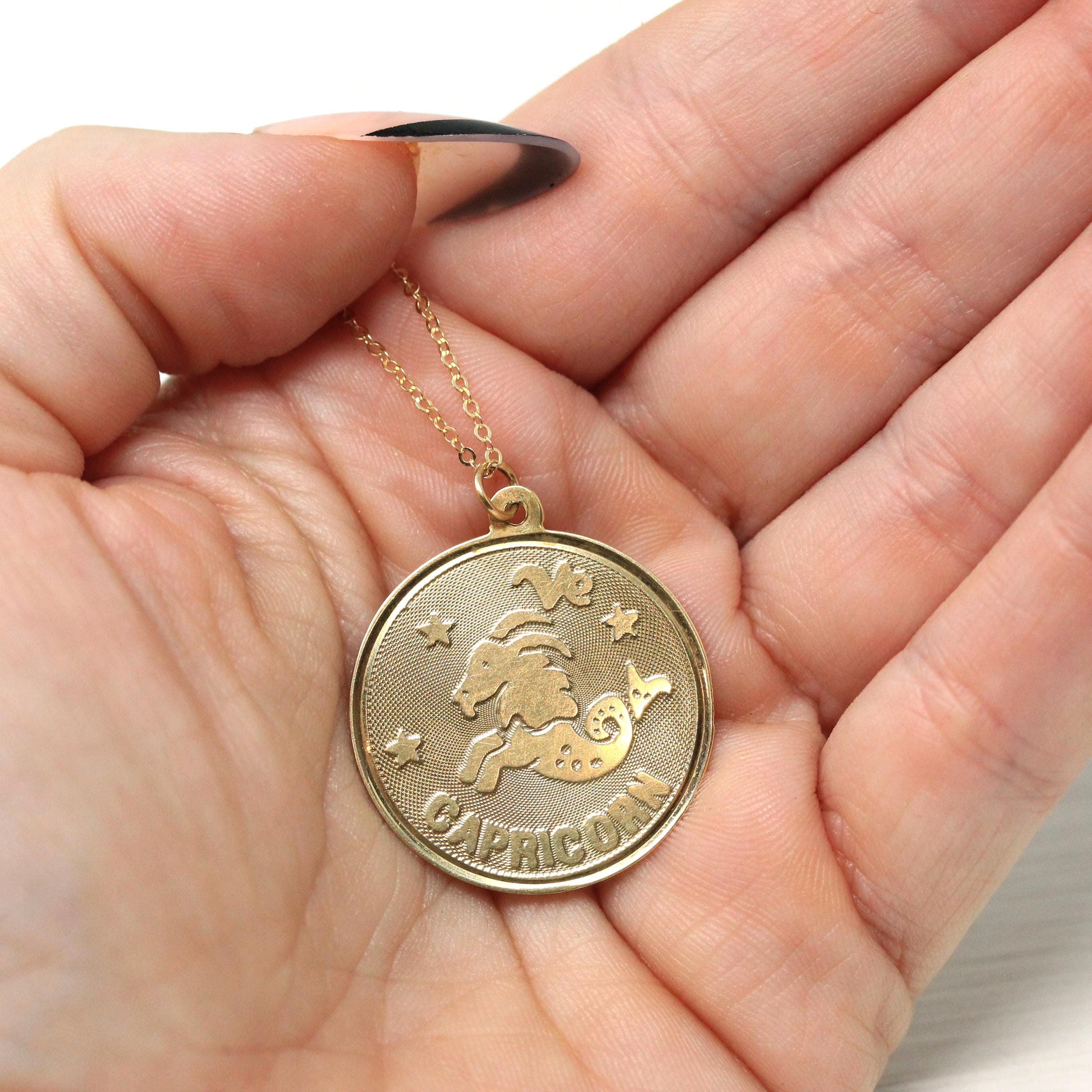 Vintage Capricorn Necklace - Retro 14k Yellow Gold Sea Goat Astrological Sign Pendant - Dated Christmas 1977 Zodiac Earth Element Jewelry