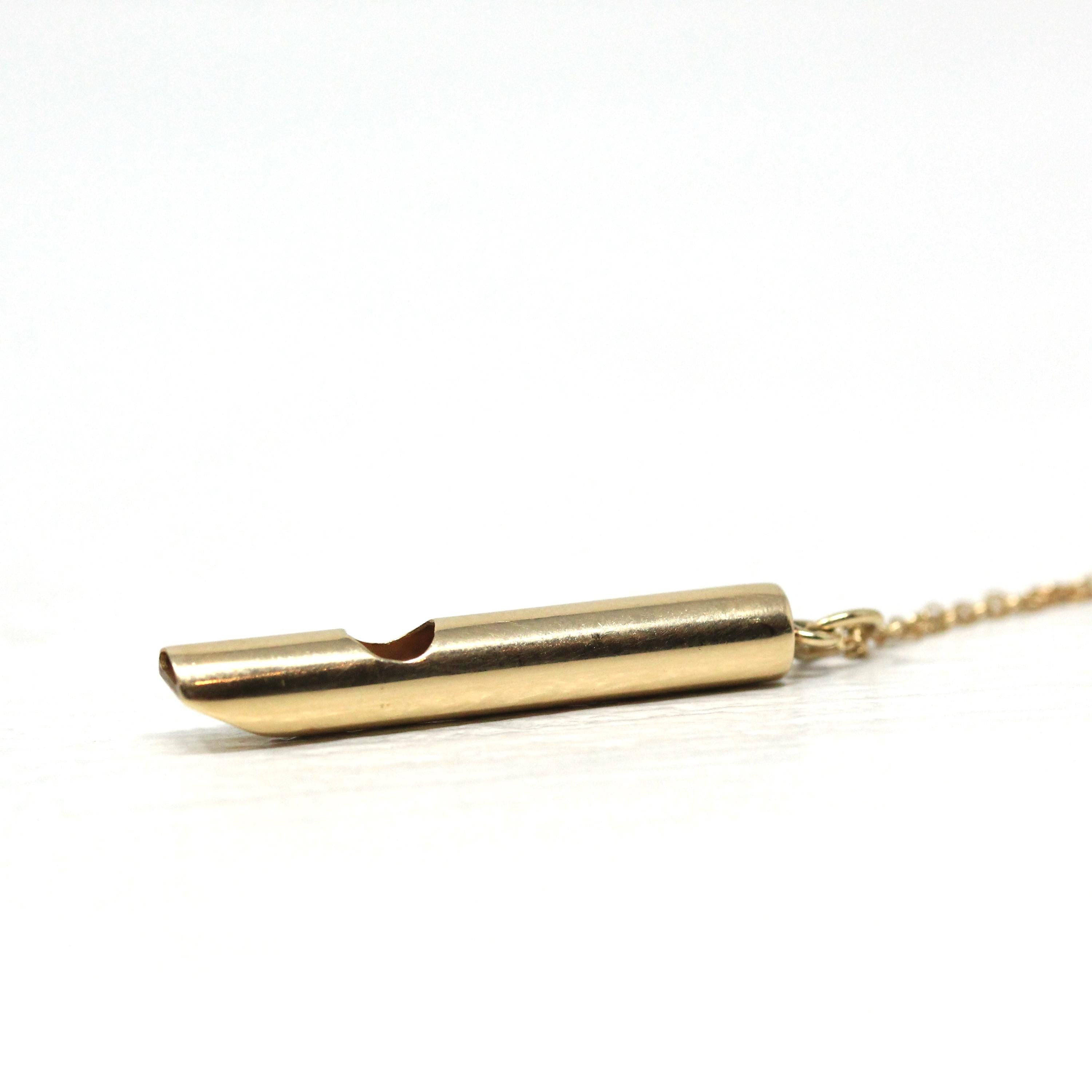 Dainty Whistle Necklace - Modern 14k Yellow Gold Flute Pipe Charm Pendant - Estate Small Recorder Functional Instrument Fob Fine Jewelry