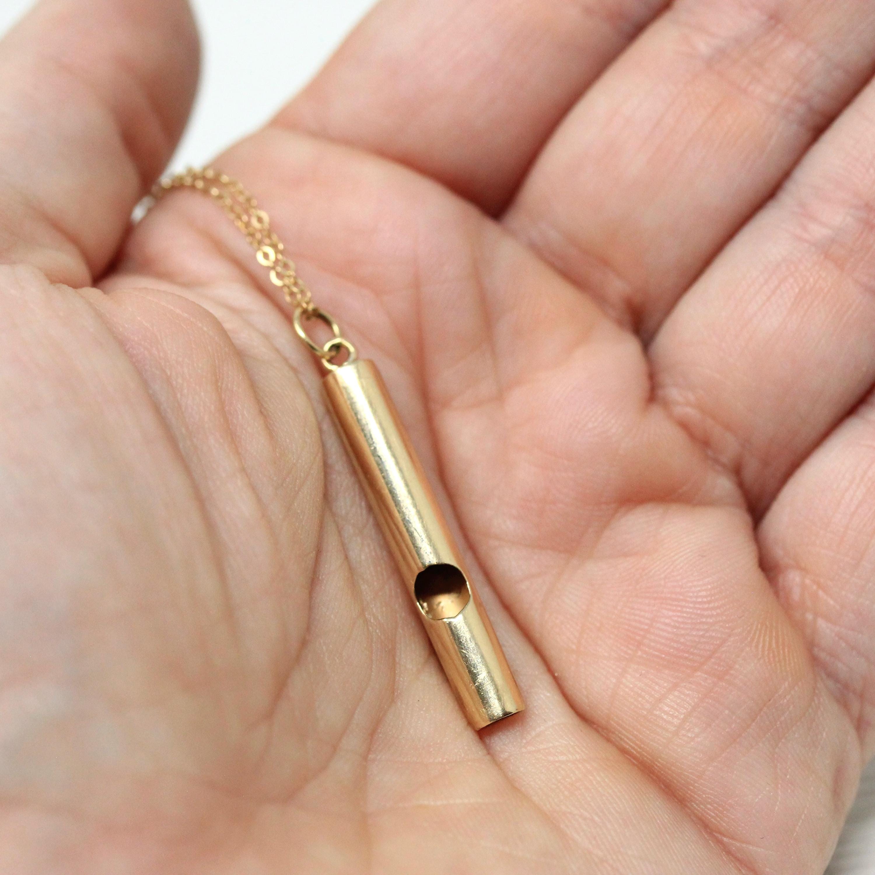 Dainty Whistle Necklace - Modern 14k Yellow Gold Flute Pipe Charm Pendant - Estate Small Recorder Functional Instrument Fob Fine Jewelry