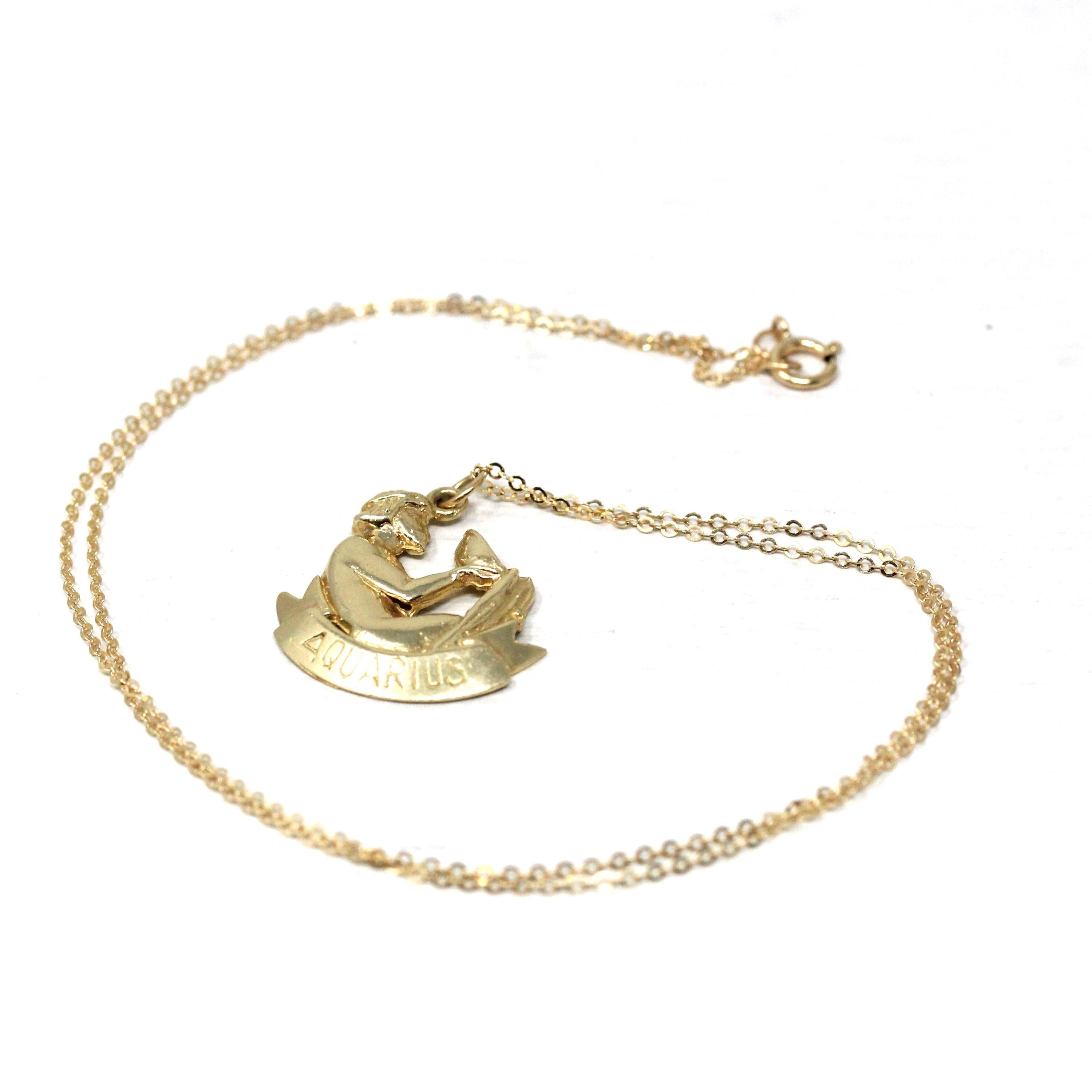 Vintage Aquarius Pendant - Circa 1990s 14k Yellow Gold Water-Bearer Astrological Sign Necklace - Estate Zodiac Celestial Air Element Jewelry