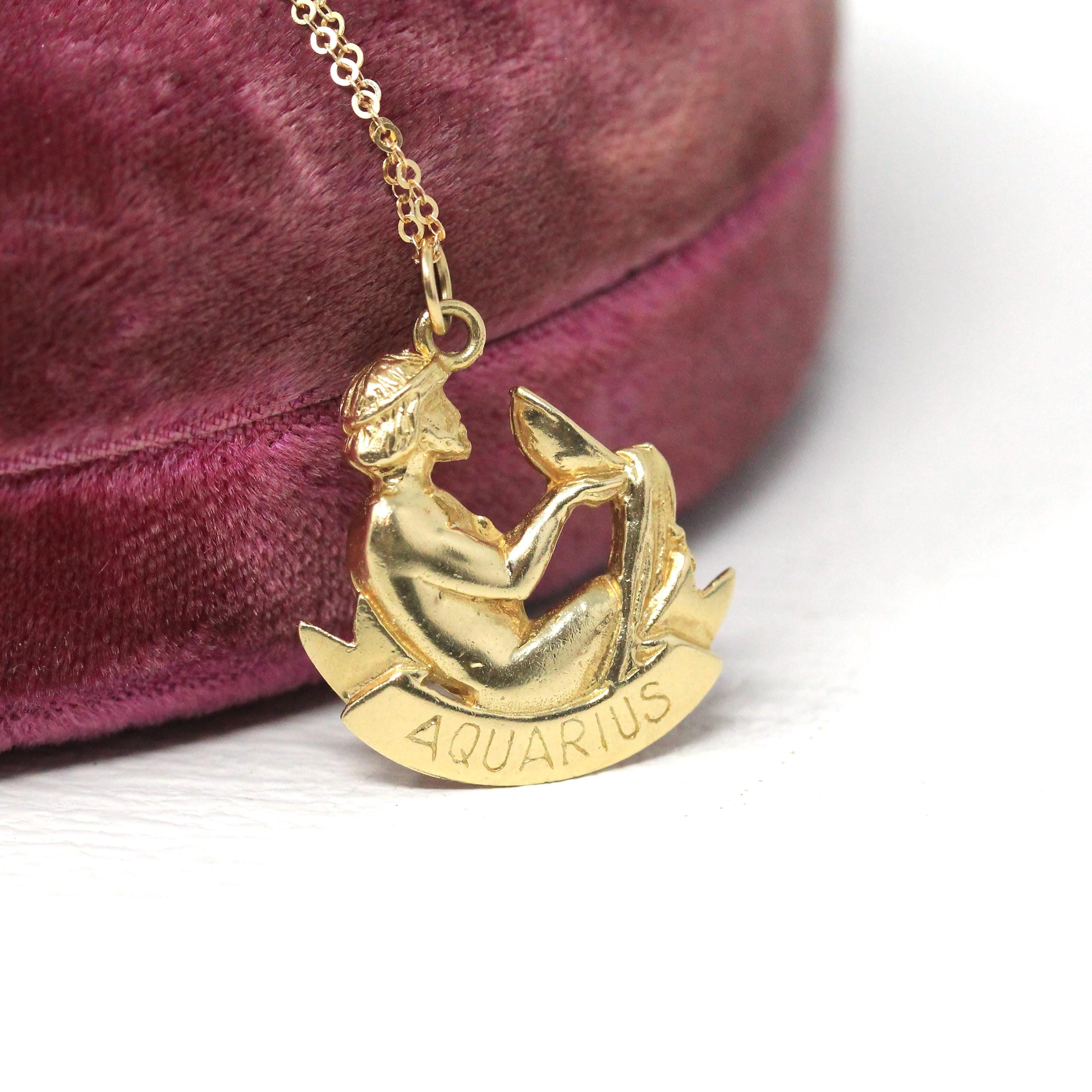Vintage Aquarius Pendant - Circa 1990s 14k Yellow Gold Water-Bearer Astrological Sign Necklace - Estate Zodiac Celestial Air Element Jewelry