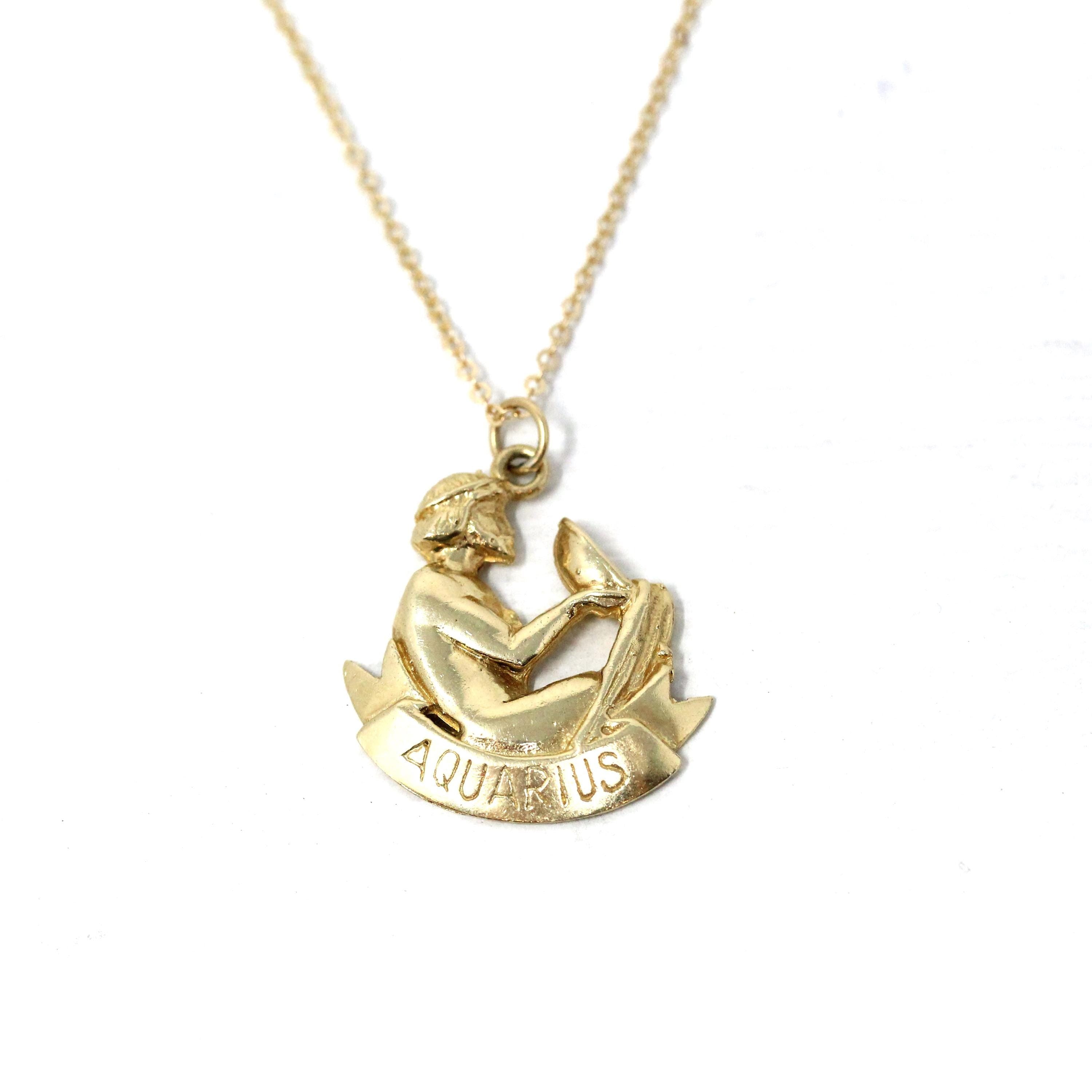 Vintage Aquarius Pendant - Circa 1990s 14k Yellow Gold Water-Bearer Astrological Sign Necklace - Estate Zodiac Celestial Air Element Jewelry