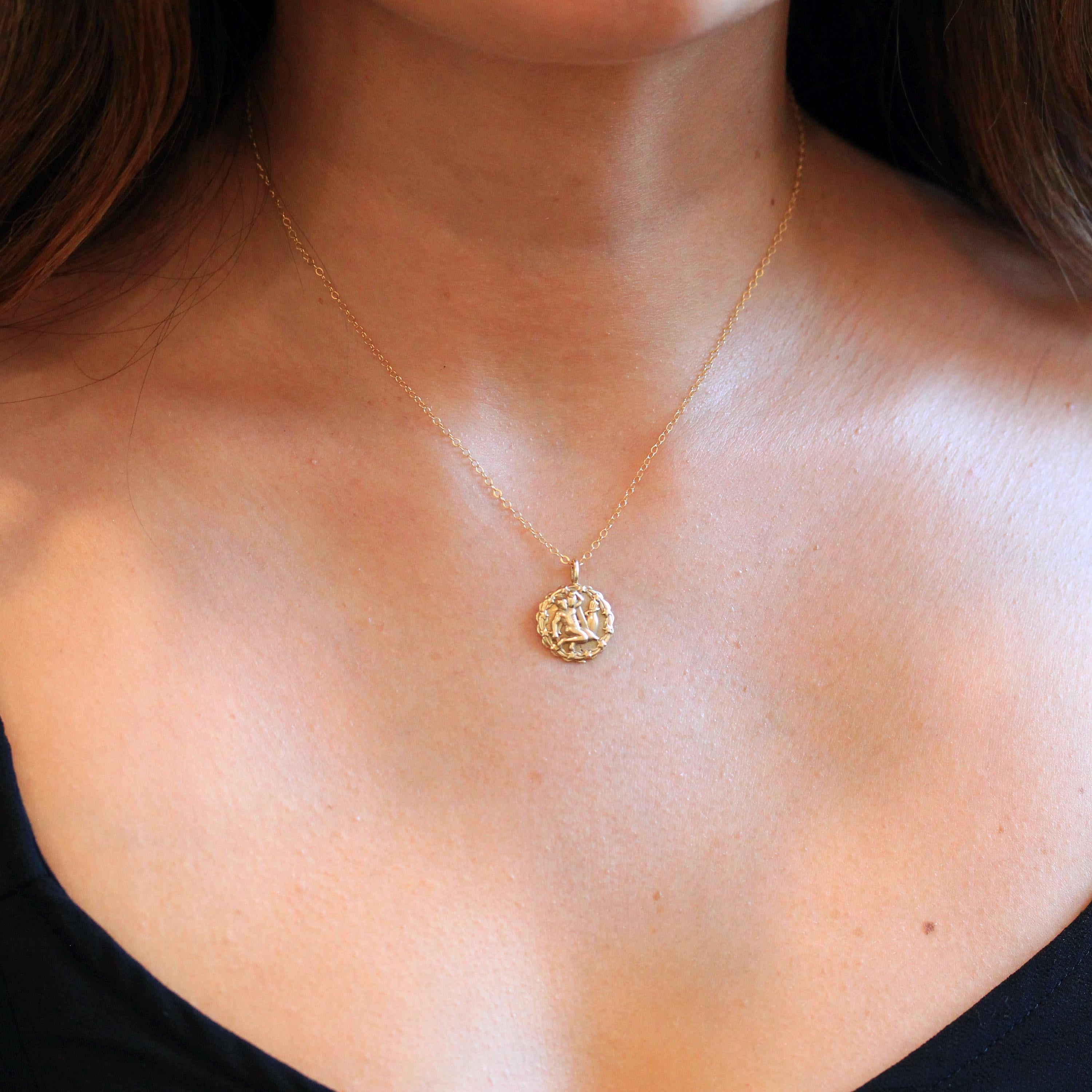 Vintage Aquarius Charm - Retro 14k Yellow Gold Water-Bearer Astrological Sign Pendant Necklace - Circa 1960s Era Zodiac Air Element Jewelry