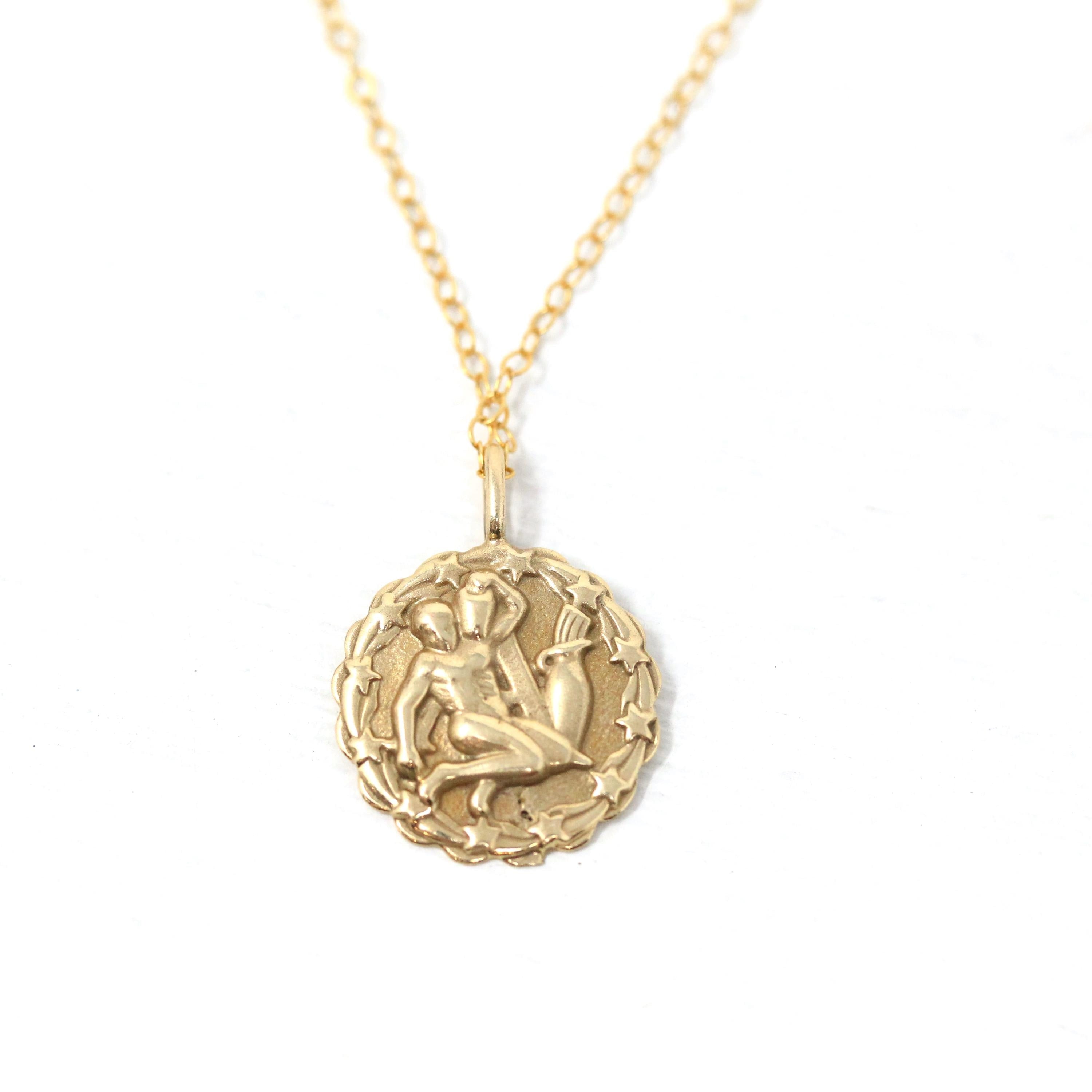 Vintage Aquarius Charm - Retro 14k Yellow Gold Water-Bearer Astrological Sign Pendant Necklace - Circa 1960s Era Zodiac Air Element Jewelry