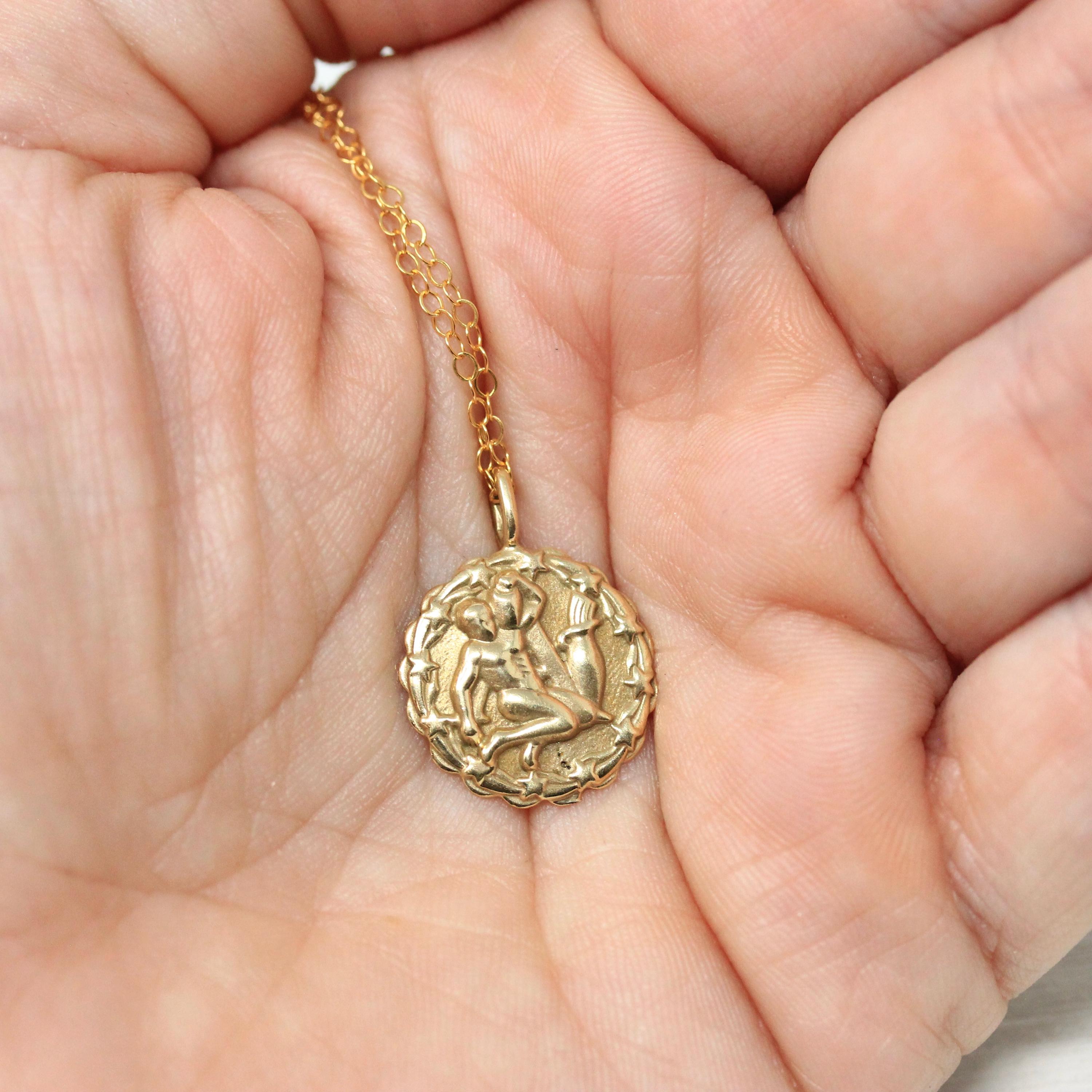 Vintage Aquarius Charm - Retro 14k Yellow Gold Water-Bearer Astrological Sign Pendant Necklace - Circa 1960s Era Zodiac Air Element Jewelry