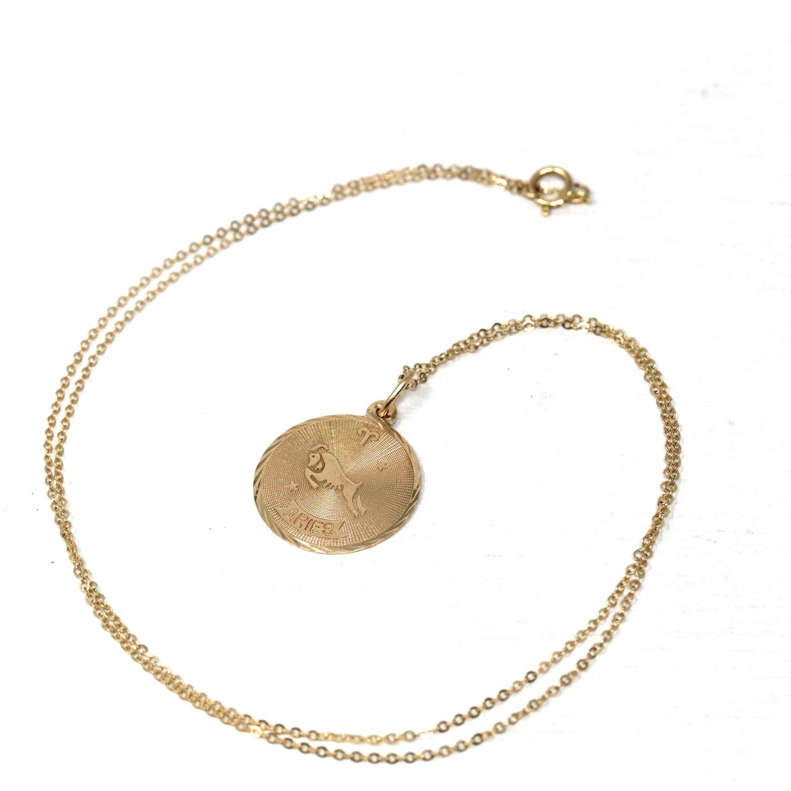 Vintage Aries Charm - Retro 14k Yellow Gold Ram Astrological Sign Necklace Pendant - Dated March 28 1943 Zodiac Fire Element Fine Jewelry