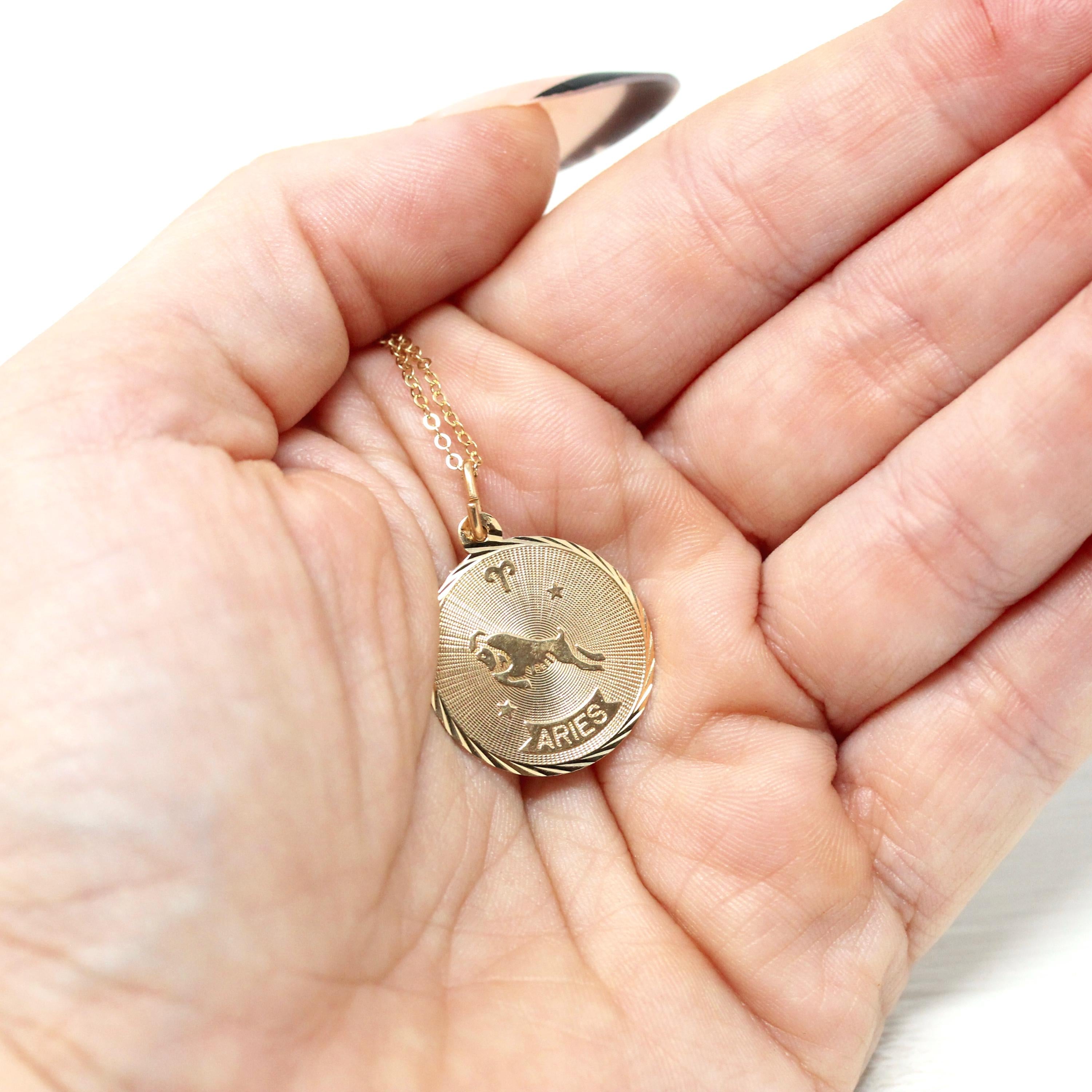 Vintage Aries Charm - Retro 14k Yellow Gold Ram Astrological Sign Necklace Pendant - Dated March 28 1943 Zodiac Fire Element Fine Jewelry