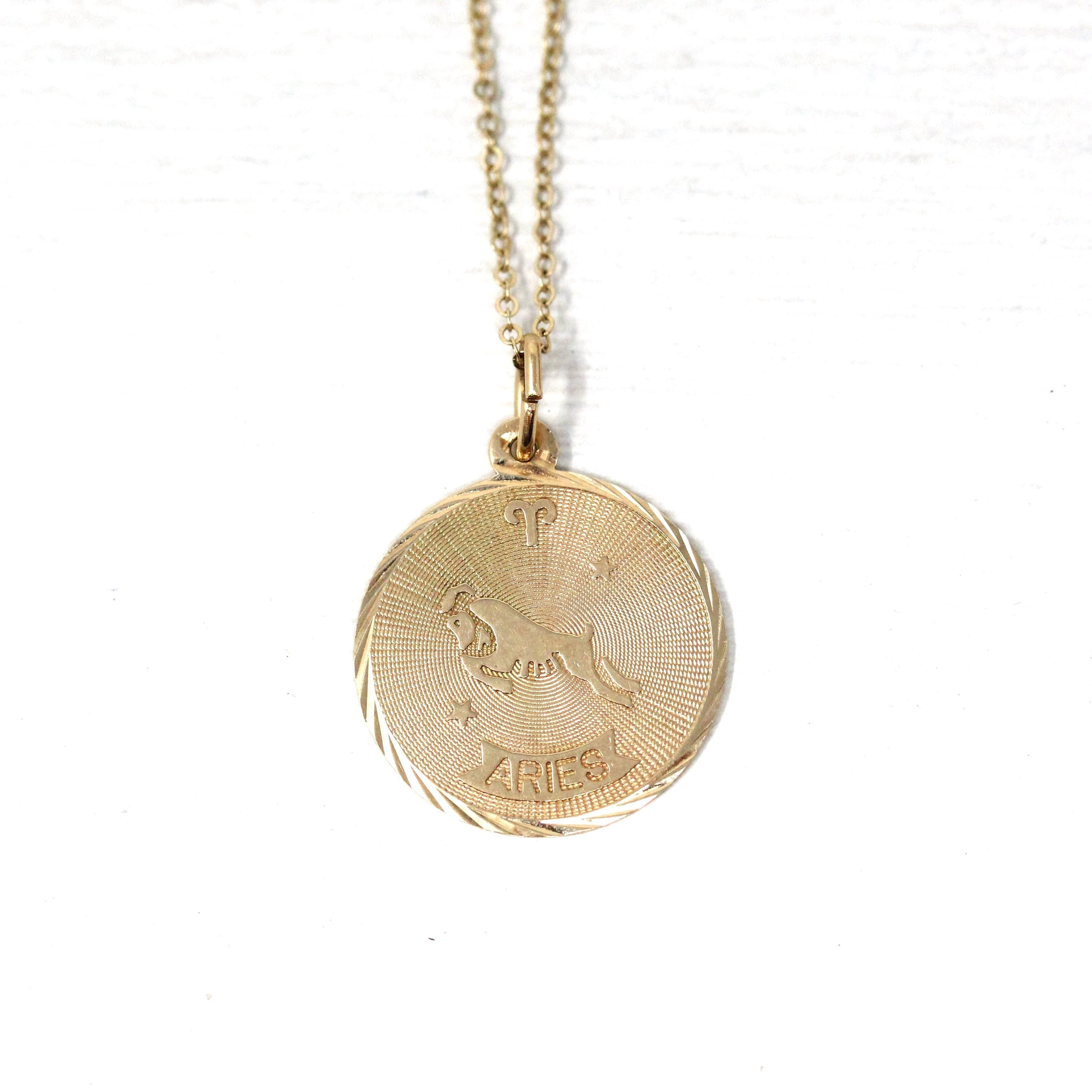 Vintage Aries Charm - Retro 14k Yellow Gold Ram Astrological Sign Necklace Pendant - Dated March 28 1943 Zodiac Fire Element Fine Jewelry