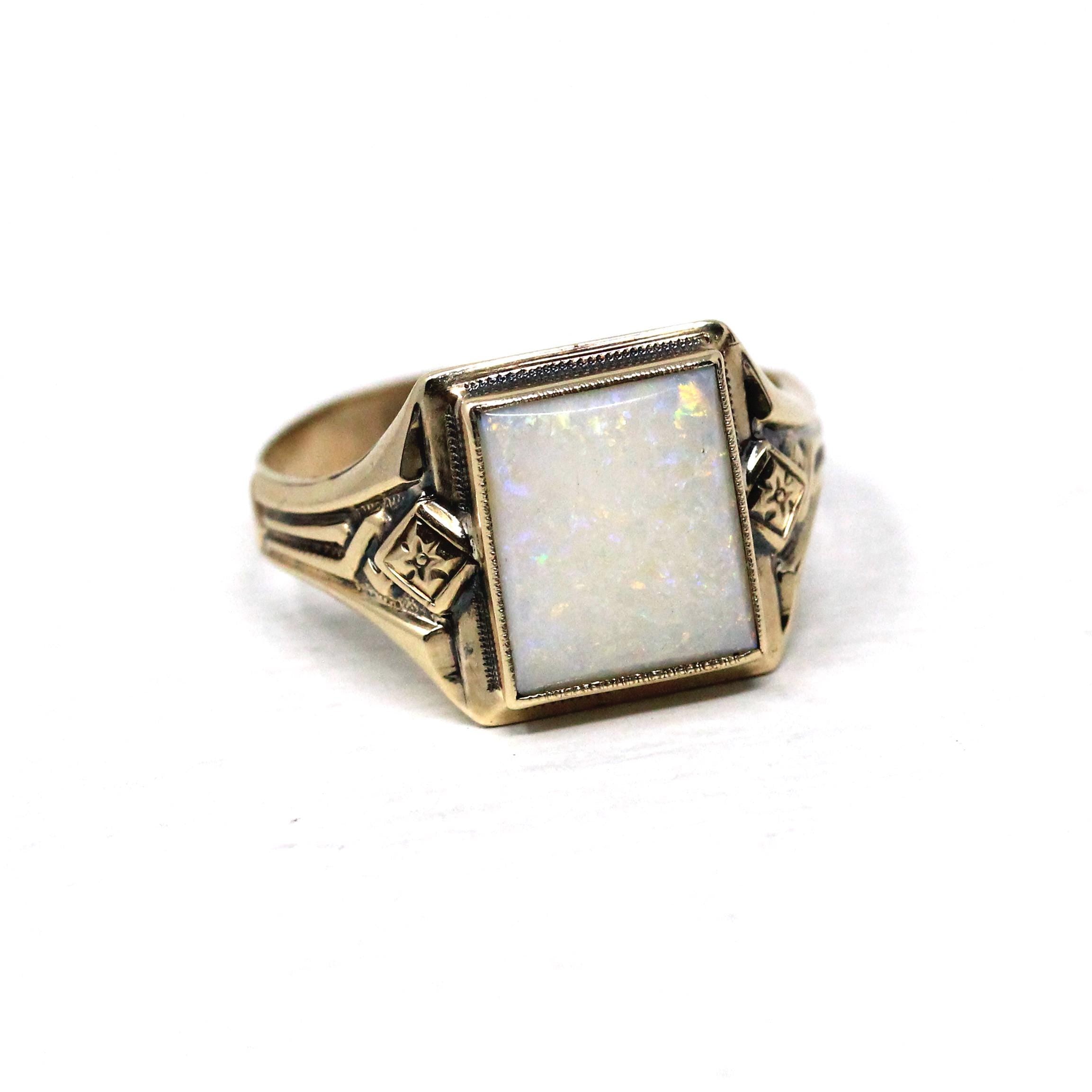 Retro Opal Ring - Vintage 10k Yellow Gold Natural Rectangular Cabochon Gemstone - Circa 1940s Size 12 Fine Unisex October Birthstone Jewelry