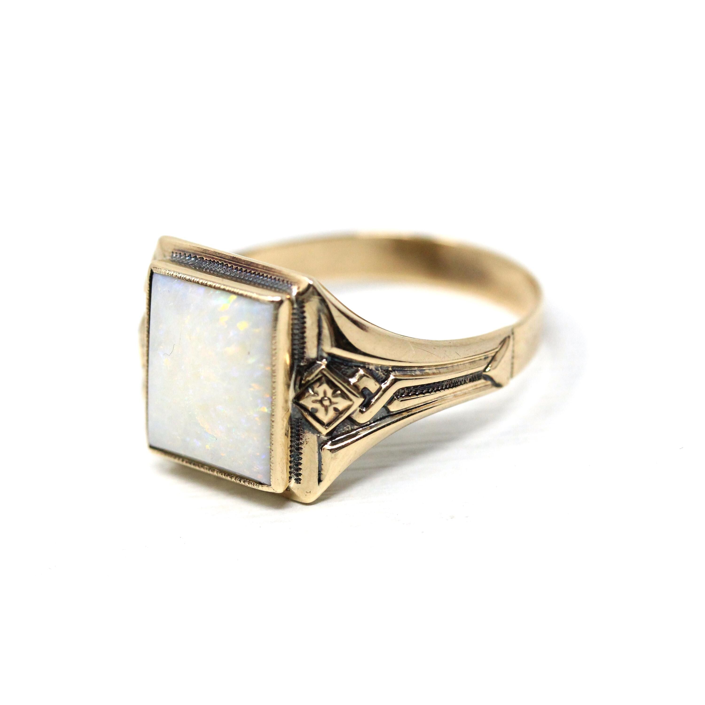 Retro Opal Ring - Vintage 10k Yellow Gold Natural Rectangular Cabochon Gemstone - Circa 1940s Size 12 Fine Unisex October Birthstone Jewelry