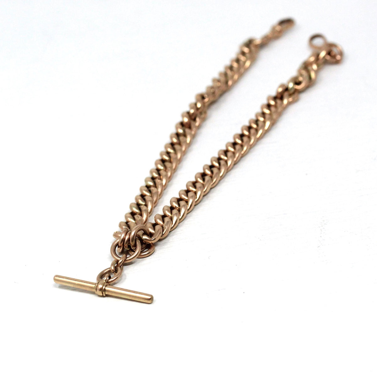Pocket Watch Chain Necklace - Antique 9ct Rosy Yellow Gold T Bar Spring Ring Swivel Clip Choker - Edwardian Circa 1910s Chunky Fine Jewelry
