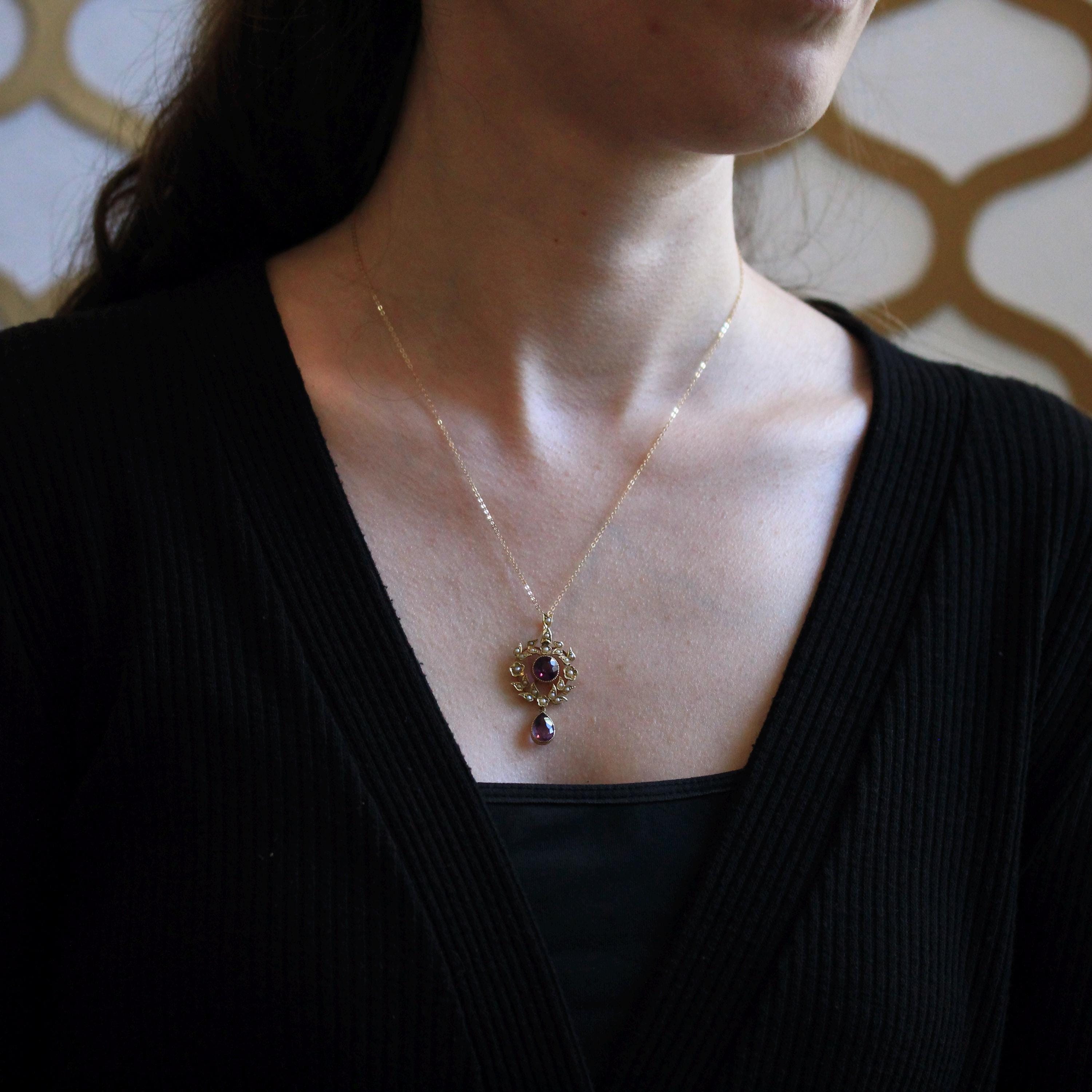 Antique Lavalier Necklace - Edwardian 15ct Gold Purple Amethyst Gemstones Pendant - Vintage Circa 1900s Seed Pearls Leaf Wreath Fine Jewelry