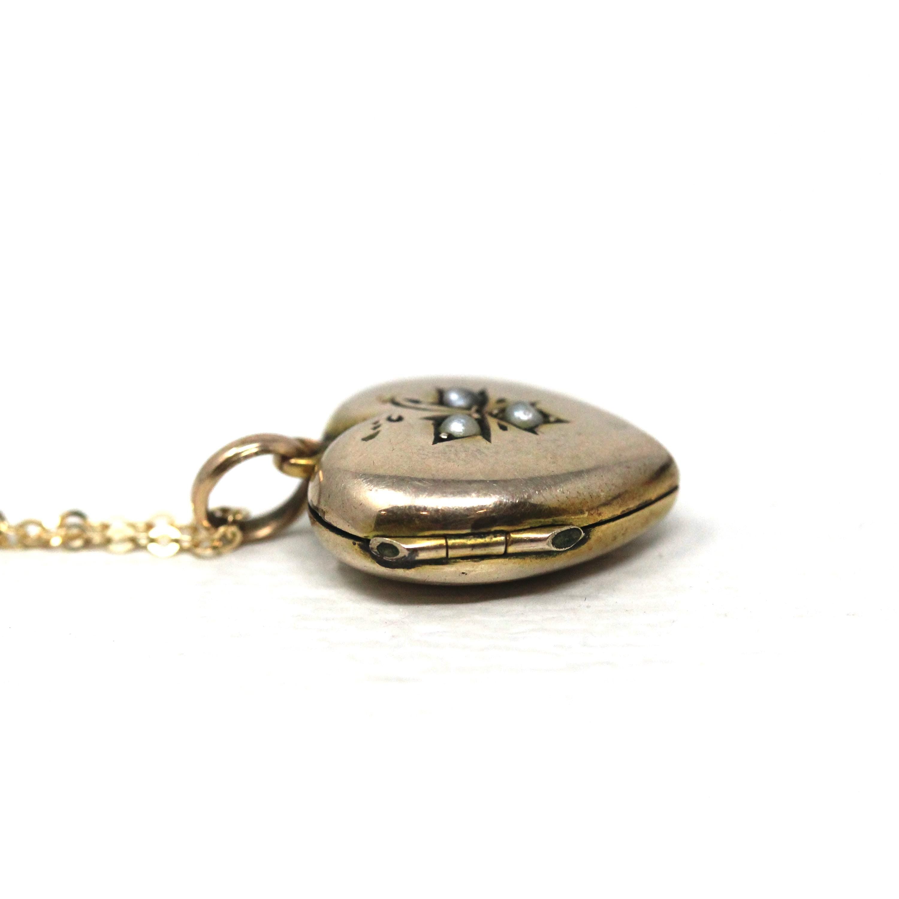 Antique Heart Locket - Edwardian 9k Rosy Yellow Gold Seed Pearl Leaf Pendant Necklace - Circa 1910s Era Keepsake Photograph Photo Jewelry
