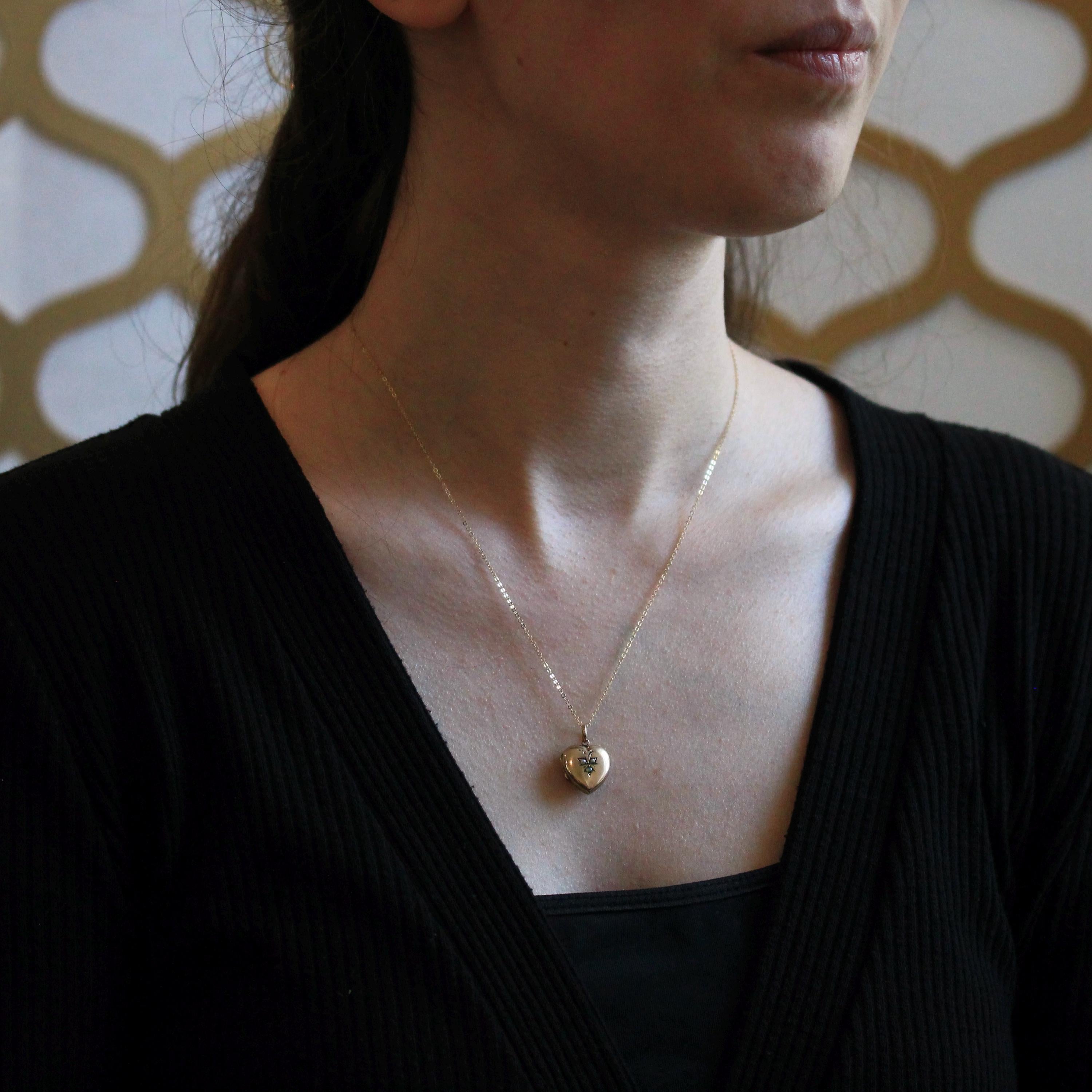 Antique Heart Locket - Edwardian 9k Rosy Yellow Gold Seed Pearl Leaf Pendant Necklace - Circa 1910s Era Keepsake Photograph Photo Jewelry