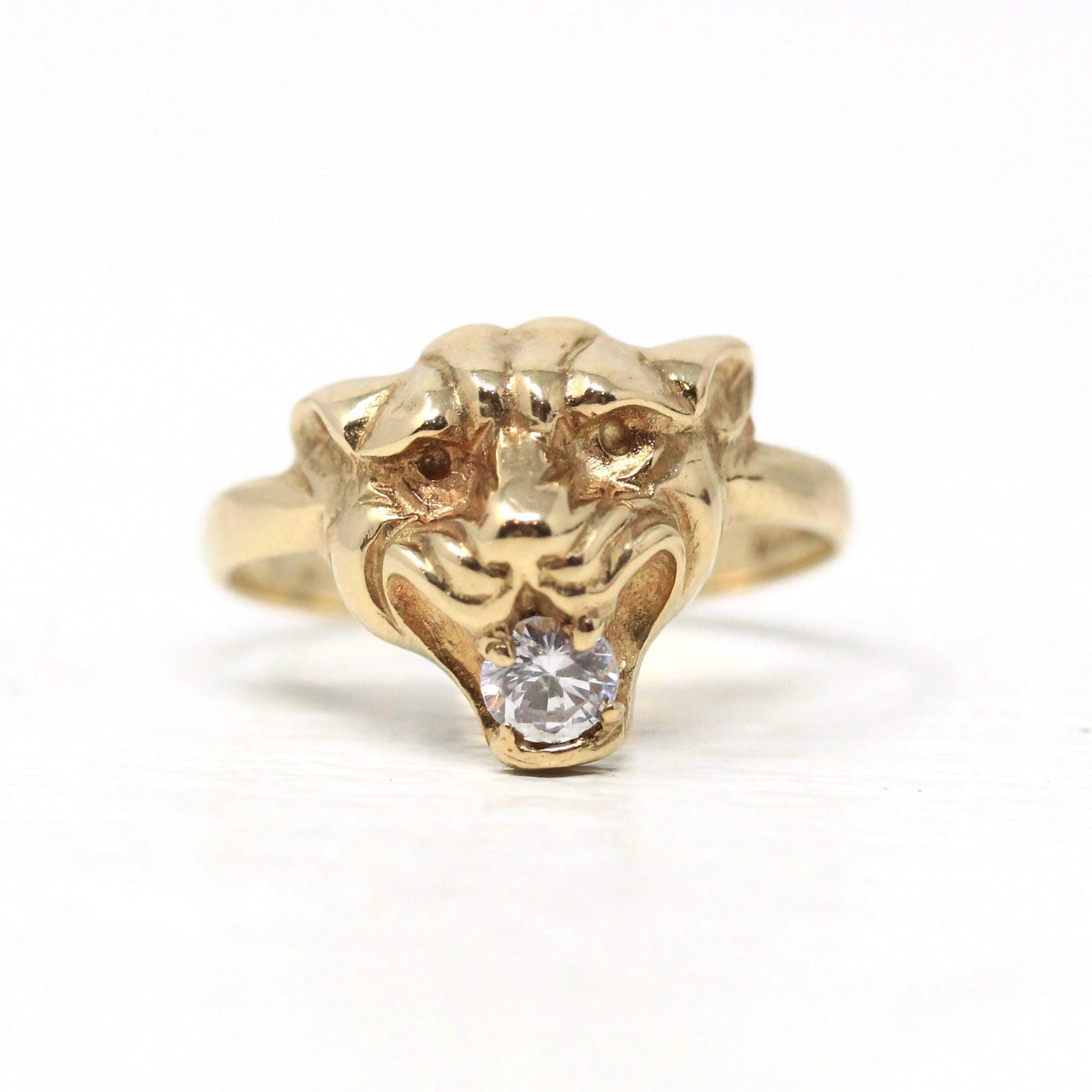 Modern Lion Ring - Estate 9k Yellow Gold Cubic Zirconia London England Statement - Hallmarked 1990 Size 9 Wild Animal Feline CZ Fine Jewelry