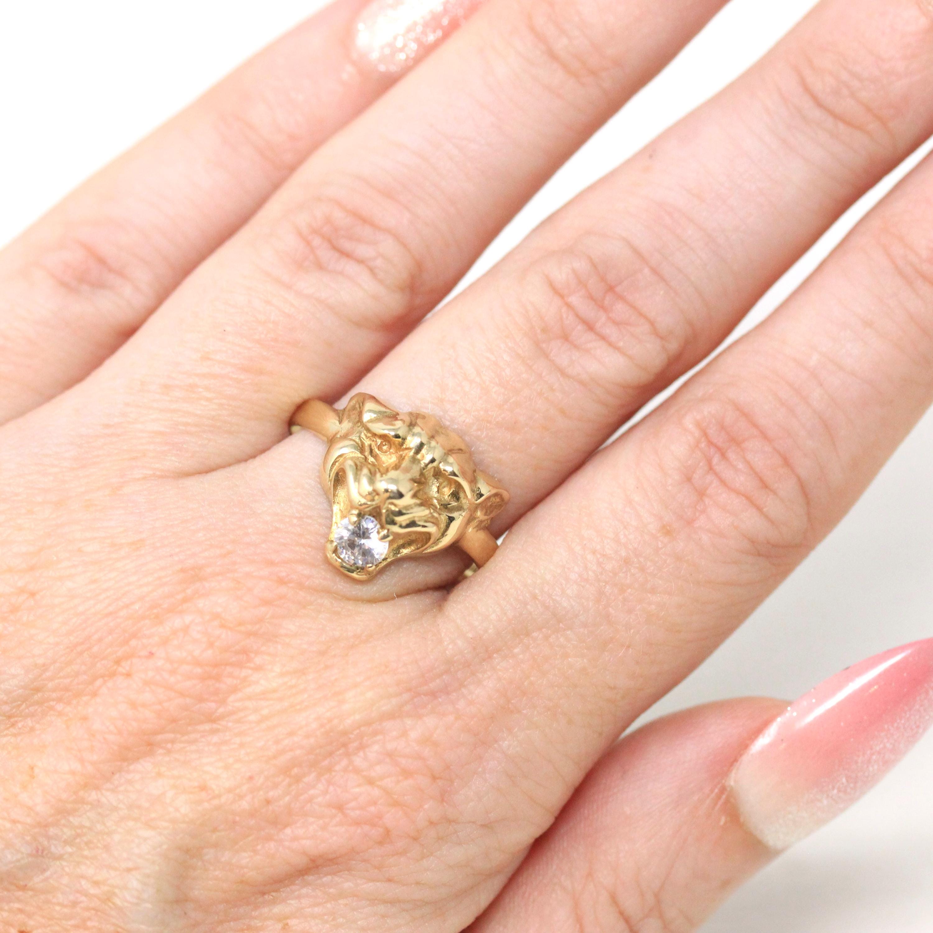 Modern Lion Ring - Estate 9k Yellow Gold Cubic Zirconia London England Statement - Hallmarked 1990 Size 9 Wild Animal Feline CZ Fine Jewelry